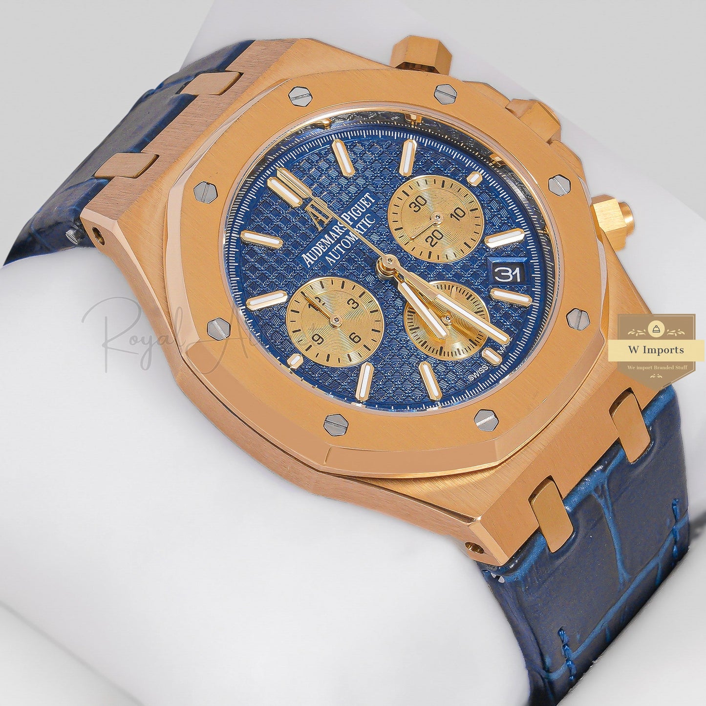 Latest Collection Chronograph Yellow Gold Case With Blue Dial & Leather Strap