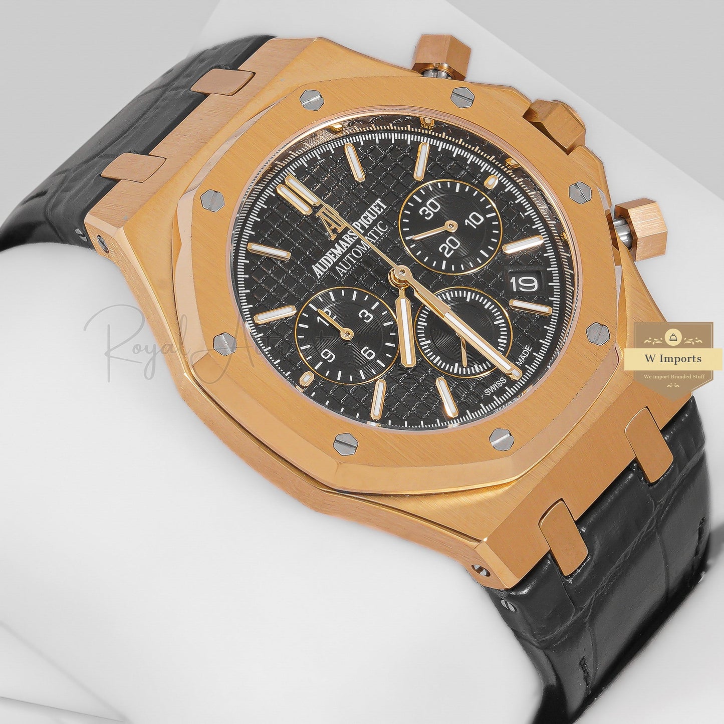 Latest Collection Chronograph Yellow Gold Case With Black Dial & Leather Strap