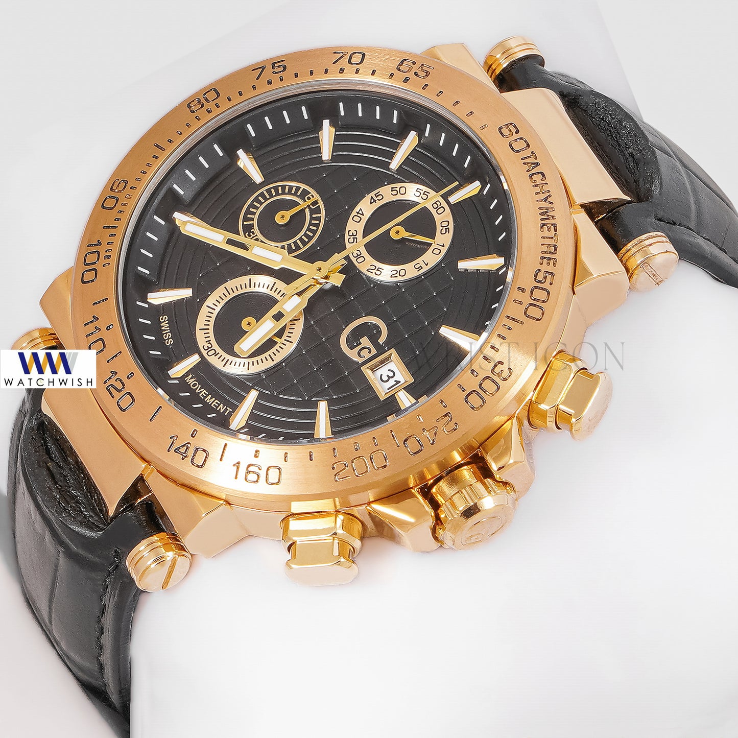 LATEST COLLECTION CHRONOGRAPH YELLOW GOLD CASE WITH BLACK DIAL & LEATHER STRAP