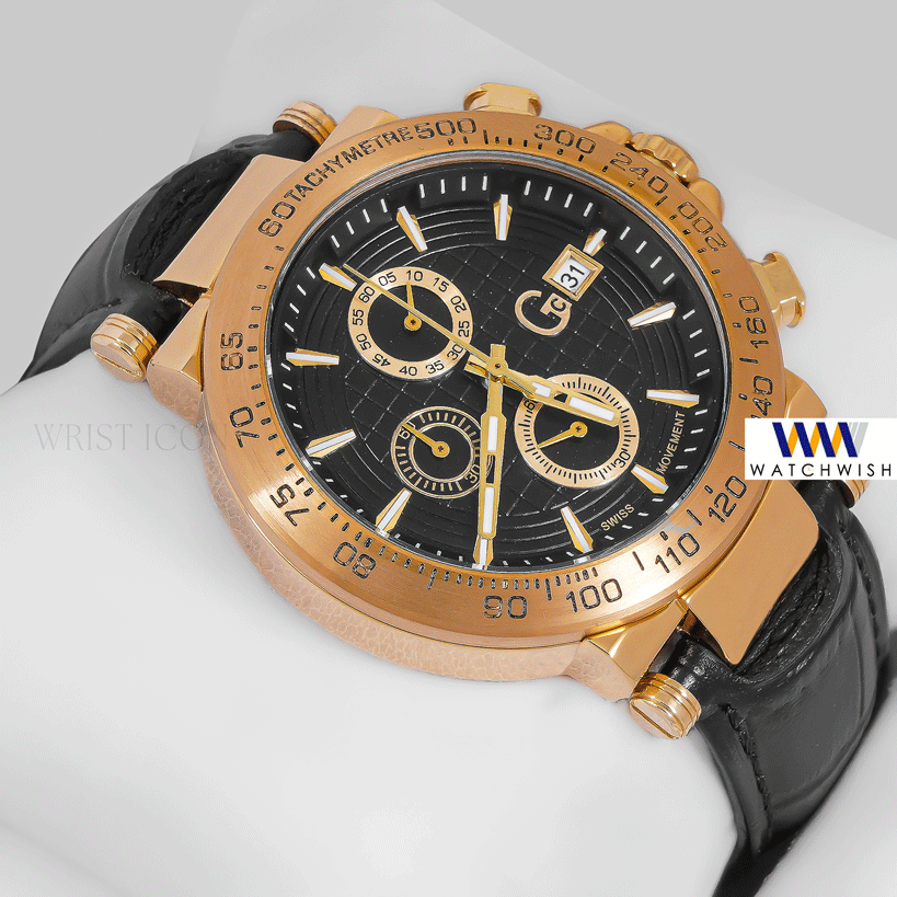 LATEST COLLECTION CHRONOGRAPH YELLOW GOLD CASE WITH BLACK DIAL & LEATHER STRAP