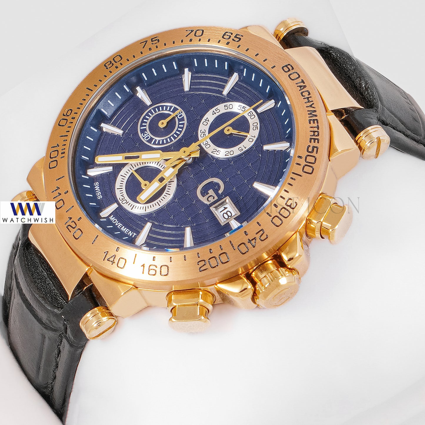 LATEST COLLECTION CHRONOGRAPH YELLOW GOLD CASE WITH BLUE DIAL & LEATHER STRAP