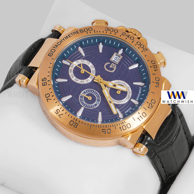 LATEST COLLECTION CHRONOGRAPH YELLOW GOLD CASE WITH BLUE DIAL & LEATHER STRAP