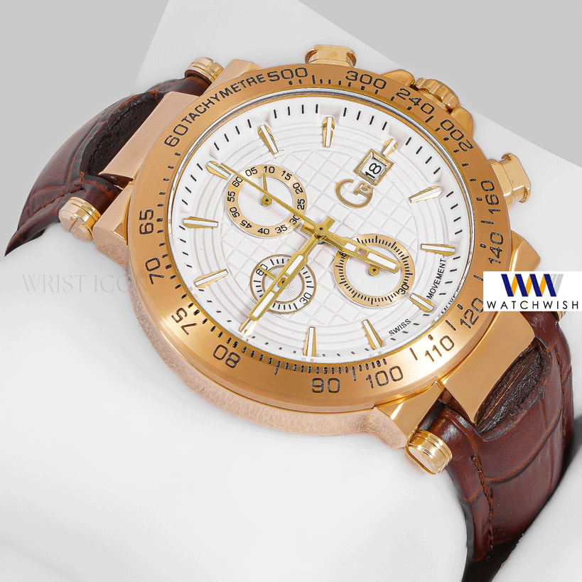 LATEST COLLECTION CHRONOGRAPH YELLOW GOLD CASE WITH WHITE DIAL & BROWN LEATHER STRAP