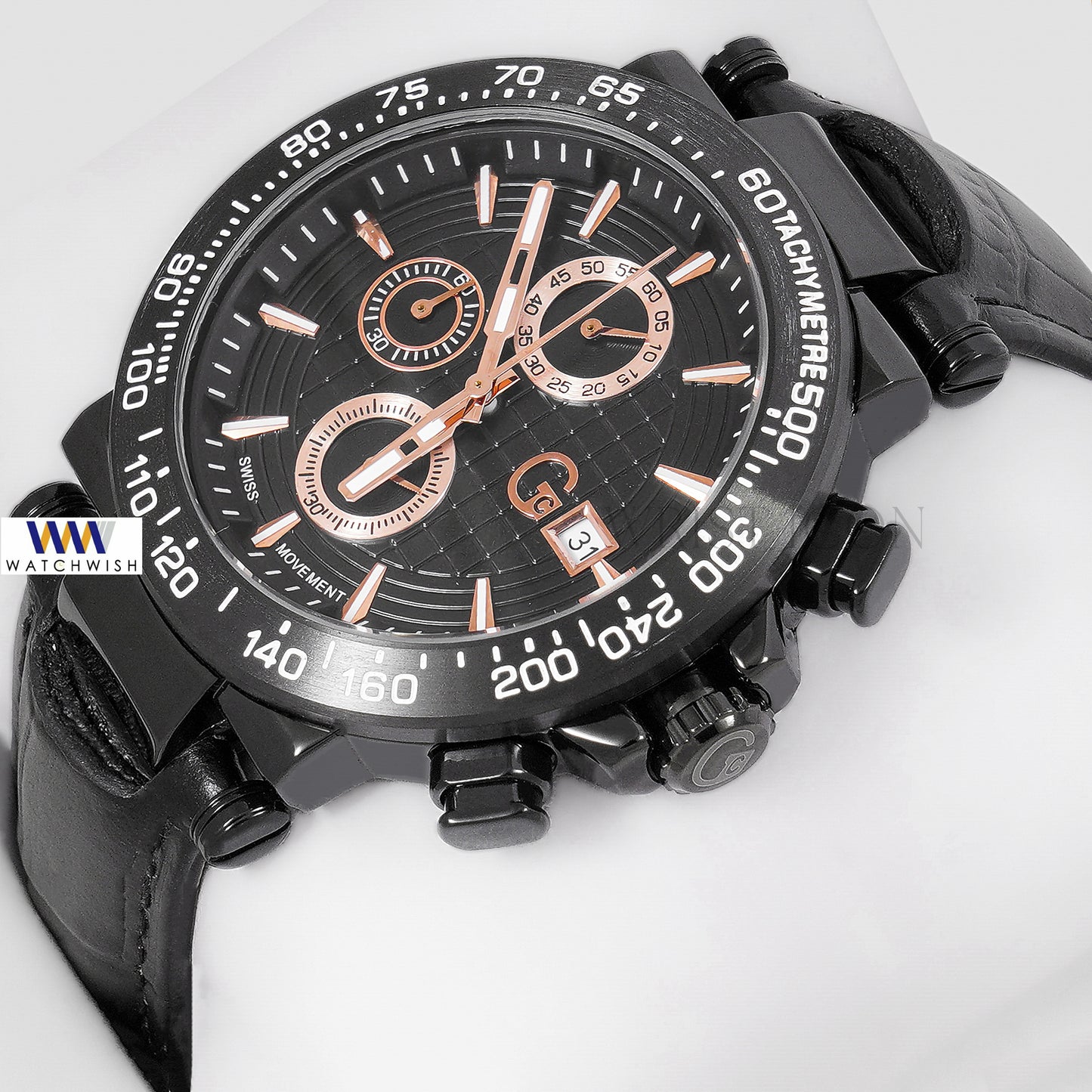 LATEST COLLECTION CHRONOGRAPH BLACK CASE WITH DIAL & LEATHER STRAP