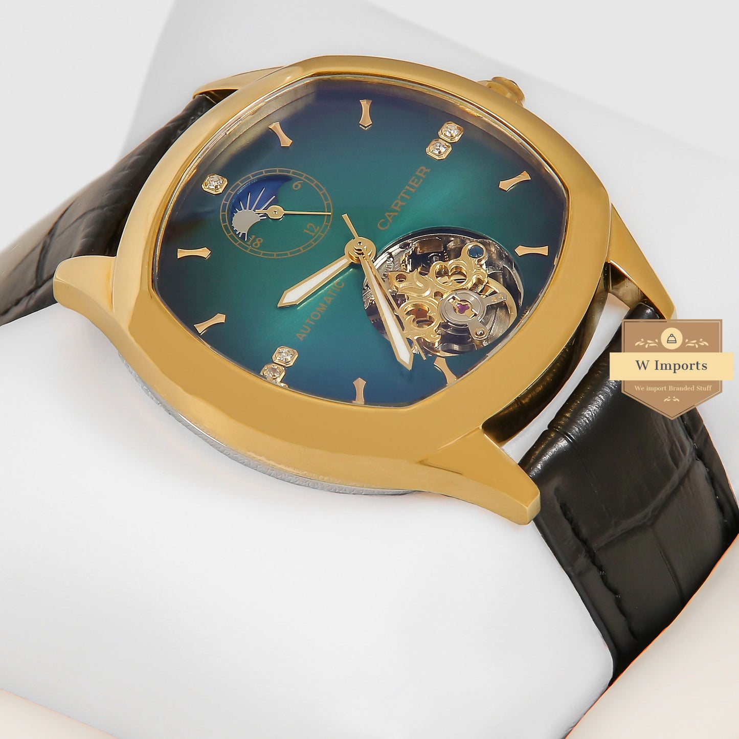 Latest Collection Tourbillon Yellow Gold Case With Green Dial & Black Leather Strap