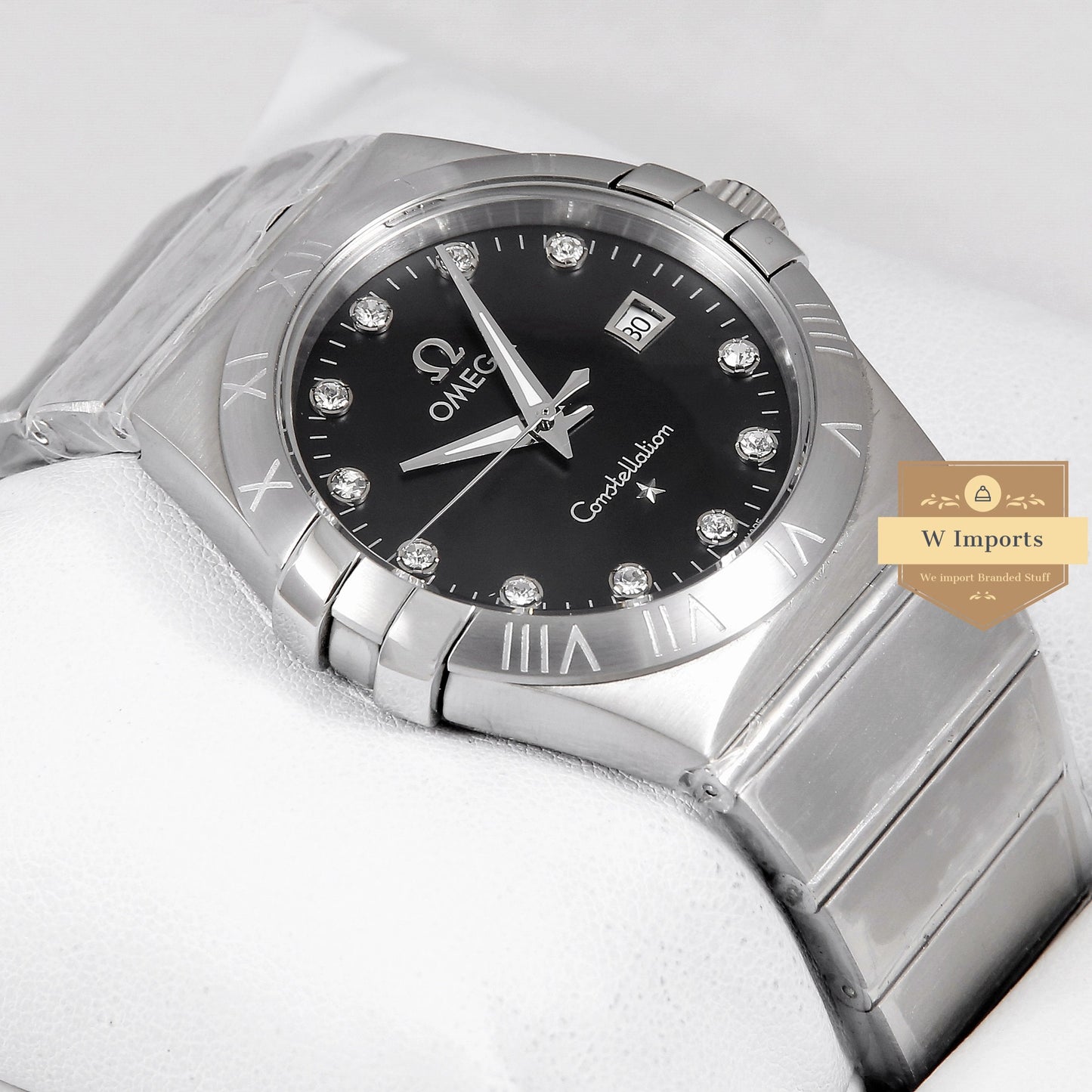 Latest Collection Silver Stainless Steel With Black Dial & Stone Figure