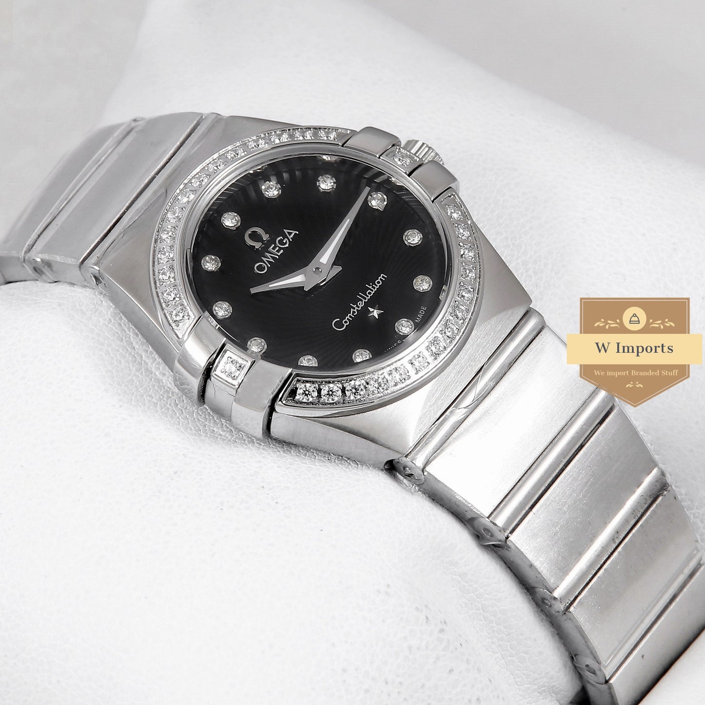 Latest Collection Silver With Black Dial Stone Figure & Bezel Ladies Watch