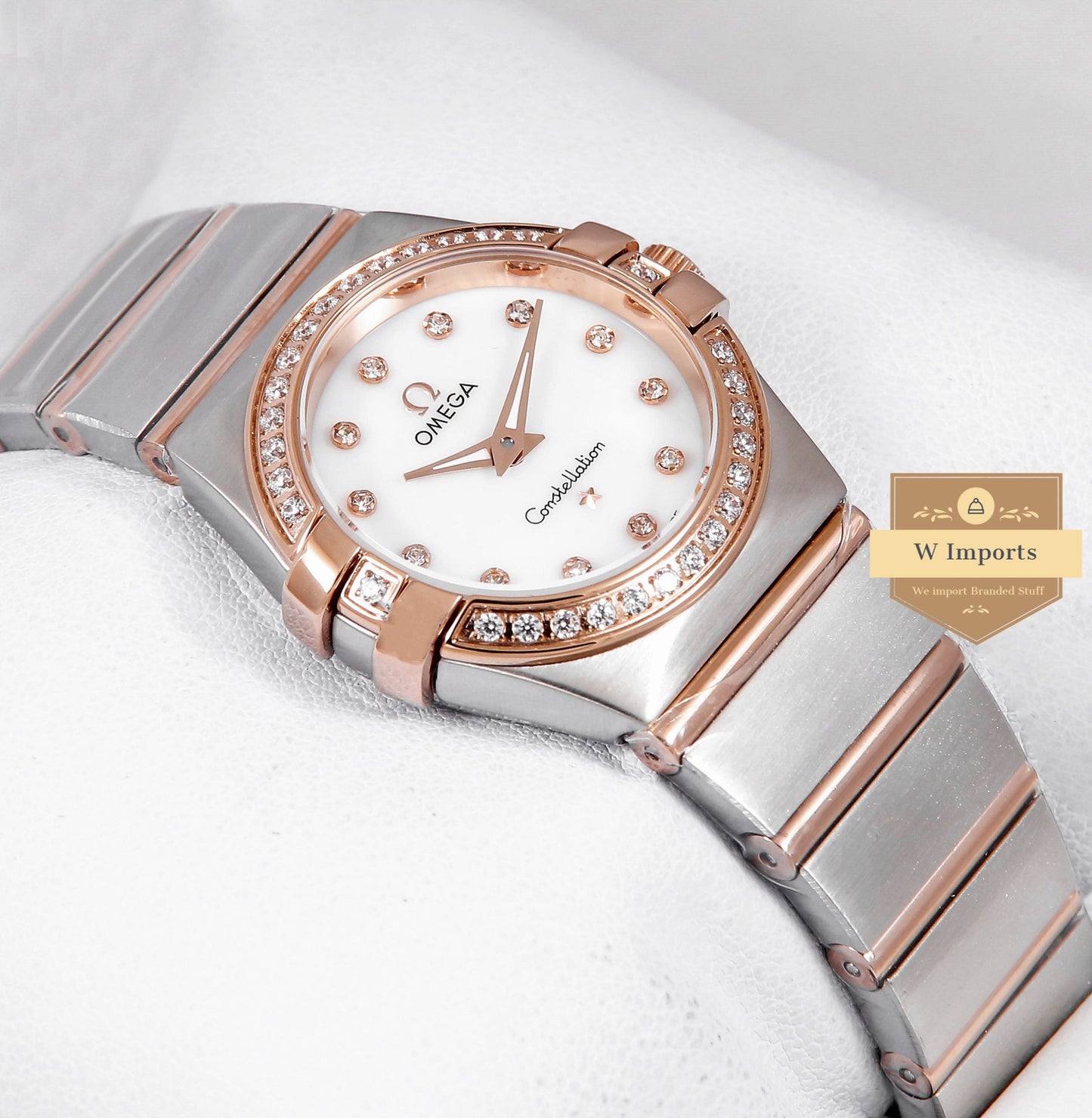 Latest Collection Two Tone Rose Gold With White Dial Stone Figure & Bezel Ladies Watch
