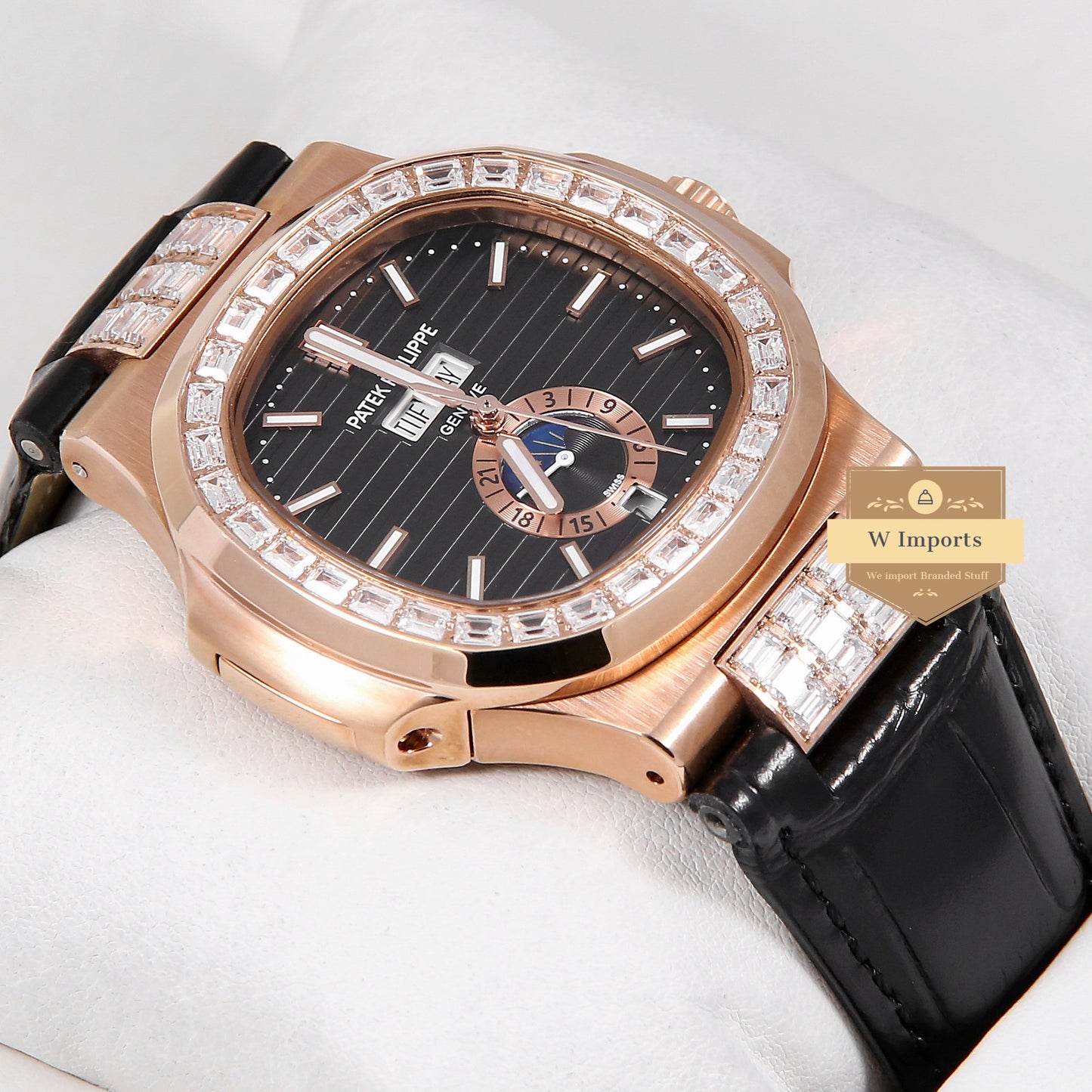Latest Collection Annual Calendar Moon Phase Rose Gold Stone Case With Black Dial & Leather Strap