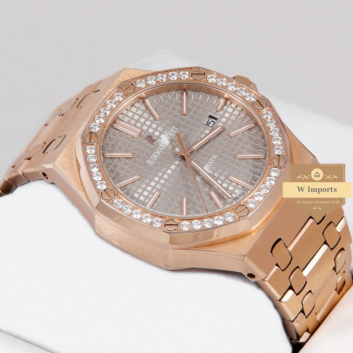 Latest Collection Rose Gold With Grey Dial & Stone Bezel Automatic Watch
