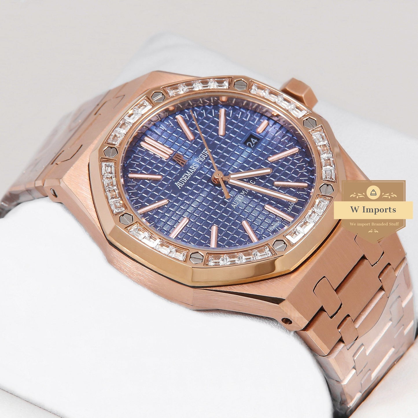 Latest Collection Rose Gold With Blue Dial & Stone Bezel Automatic Watch