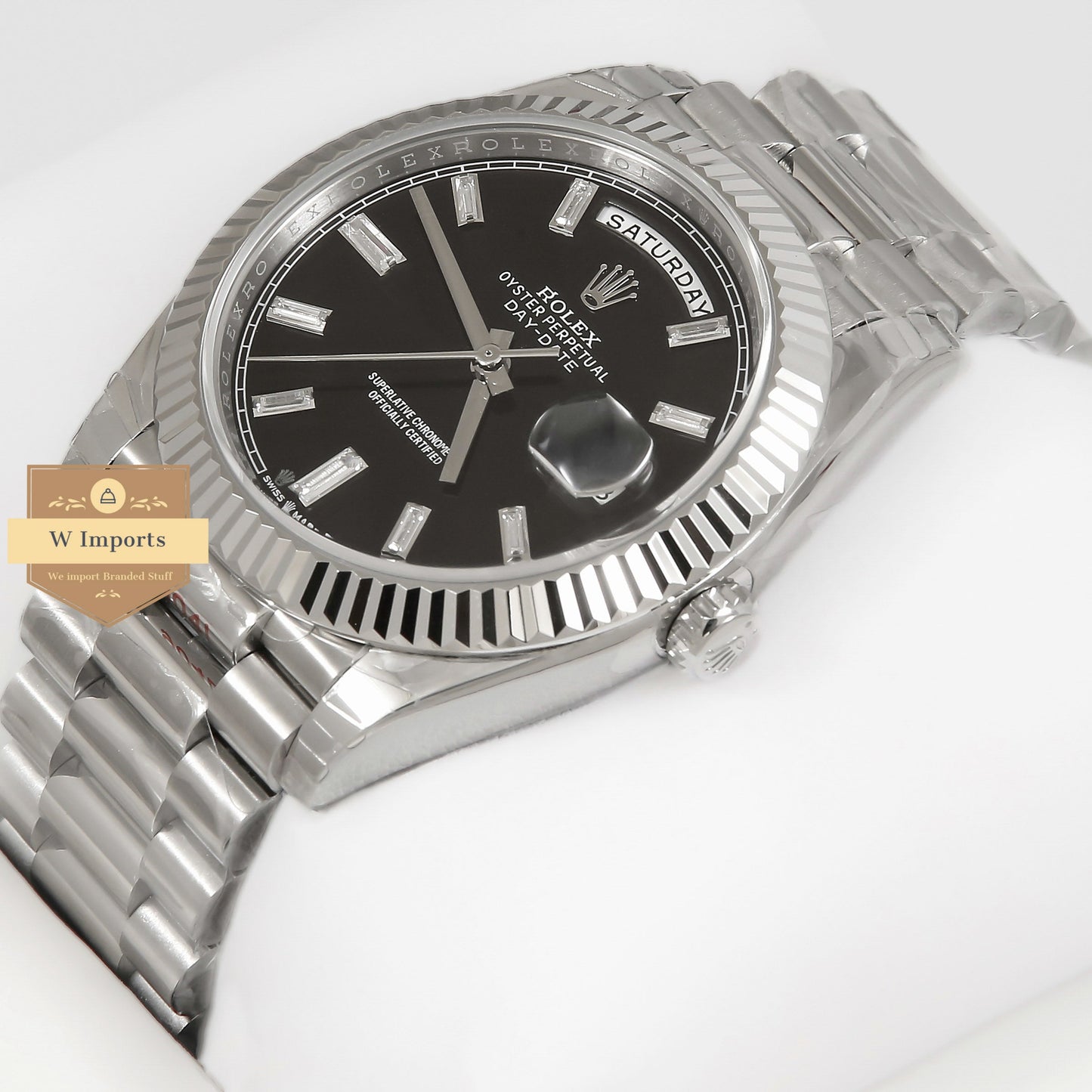 Latest Collection 40 Silver With Black Dial & Stone Index Automatic Watch EW Made