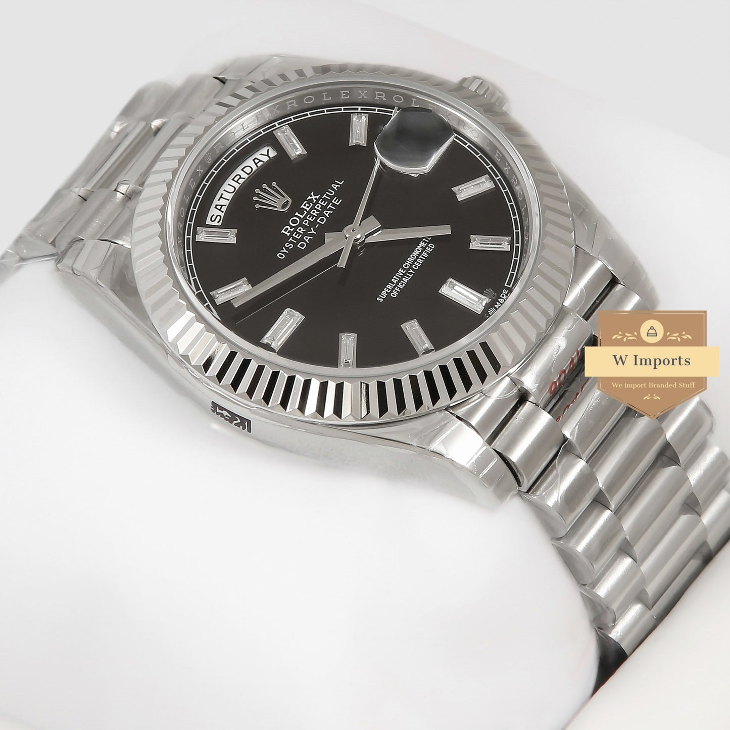 Latest Collection 40 Silver With Black Dial & Stone Index Automatic Watch EW Made