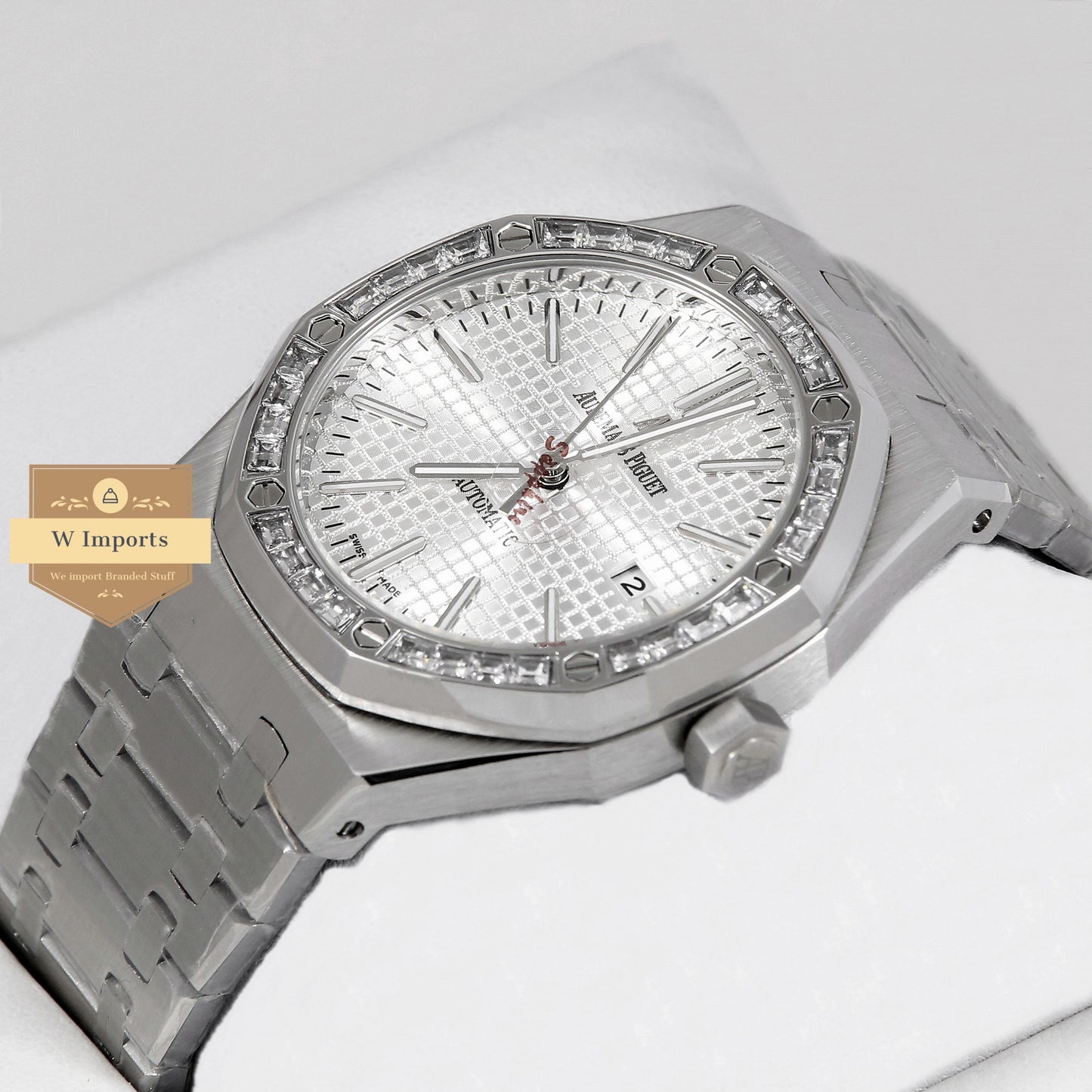 Latest Collection Silver With White Dial & Stone Bezel Automatic Watch