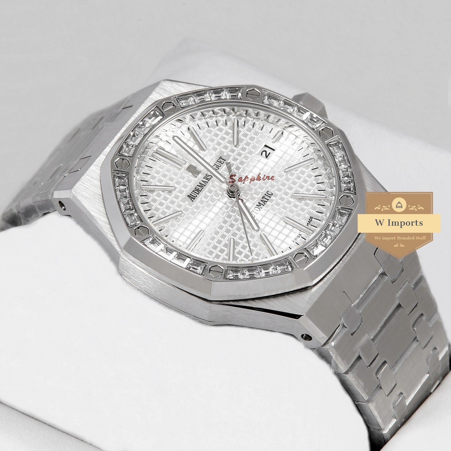 Latest Collection Silver With White Dial & Stone Bezel Automatic Watch