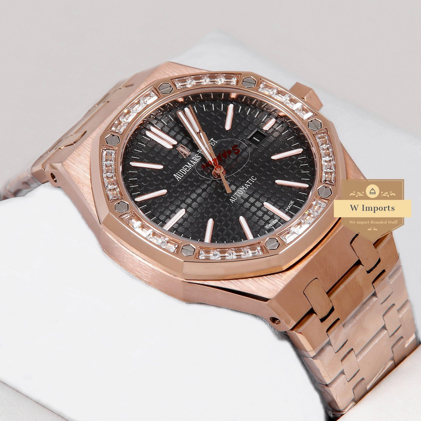 Latest Collection Rose Gold With Black Dial & Stone Bezel Automatic Watch