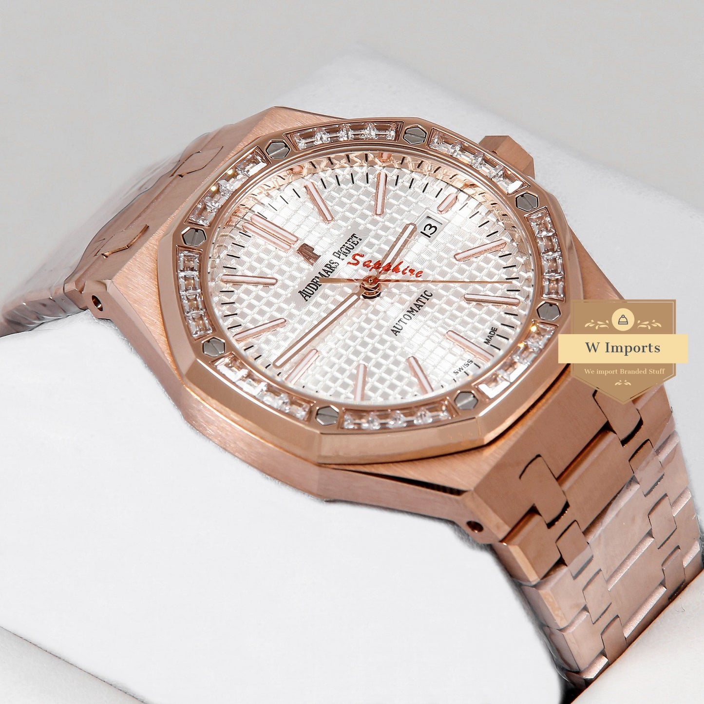 Latest Collection Rose Gold With White Dial & Stone Bezel Automatic Watch
