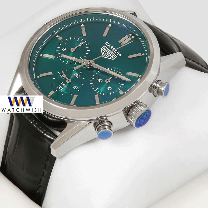 Latest Collection Chronograph Silver Case With Green Dial & Black Leather Strap