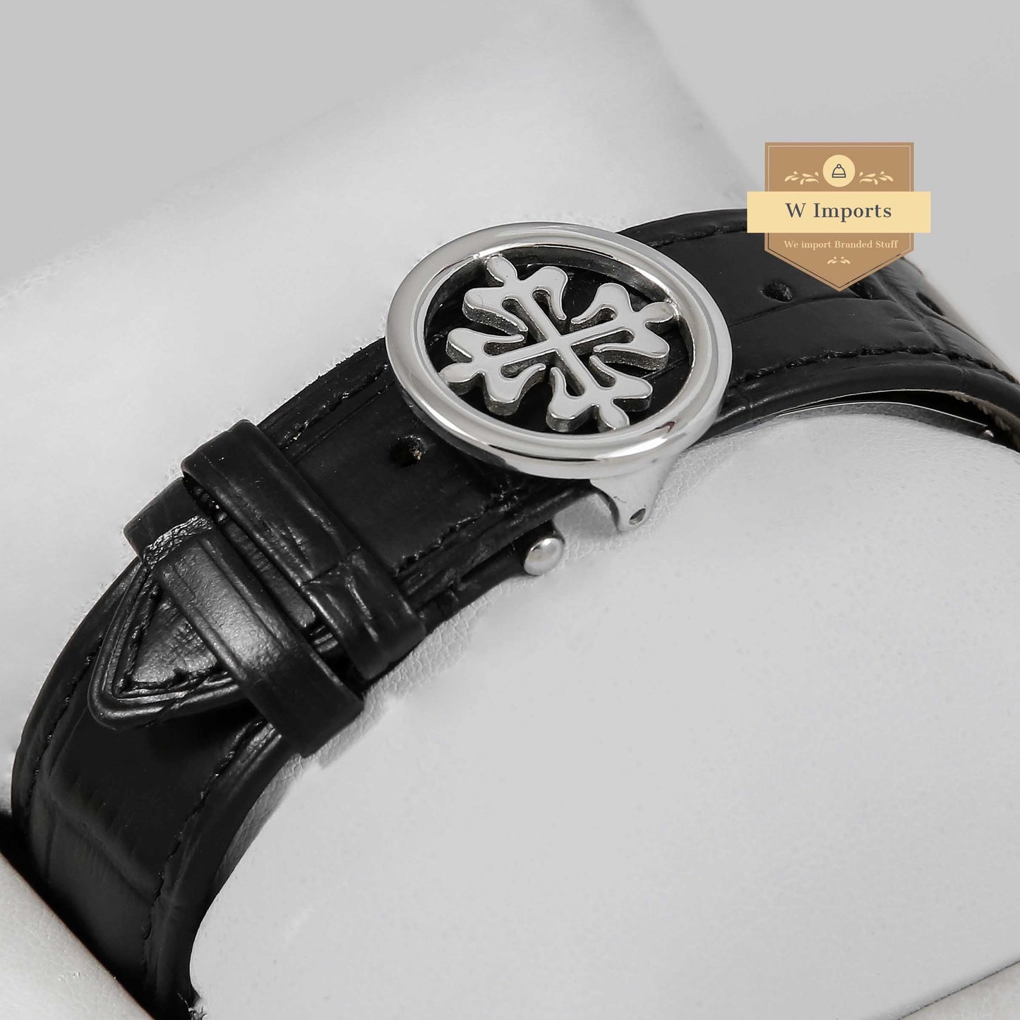 Latest Collection Annual Calendar Moon phase Silver Case With Black Dial Stone Bezel & Leather Strap