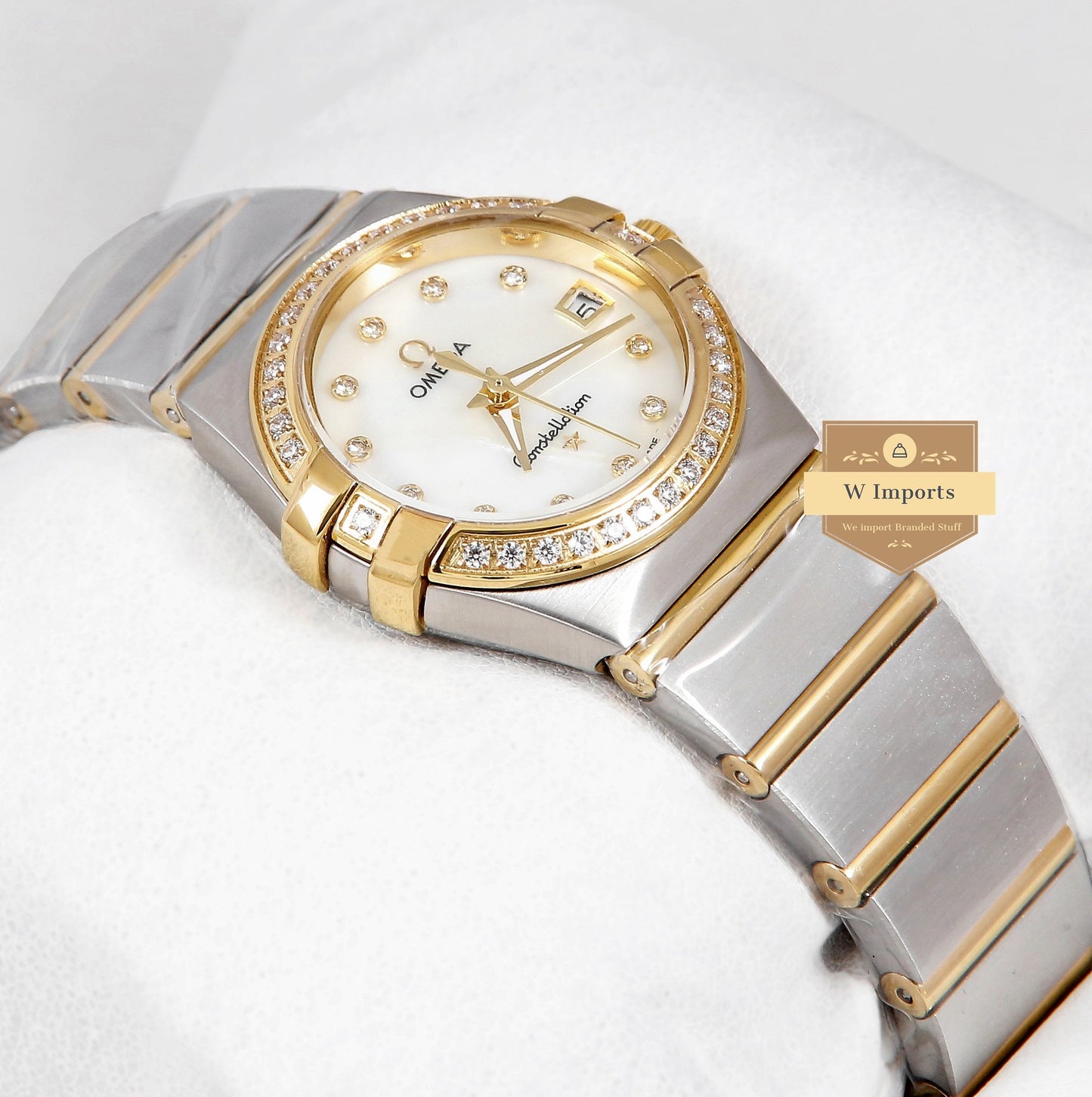 Latest Collection Two Tone Yellow Gold With White Dial Stone Bezel & Figure Ladies Watch