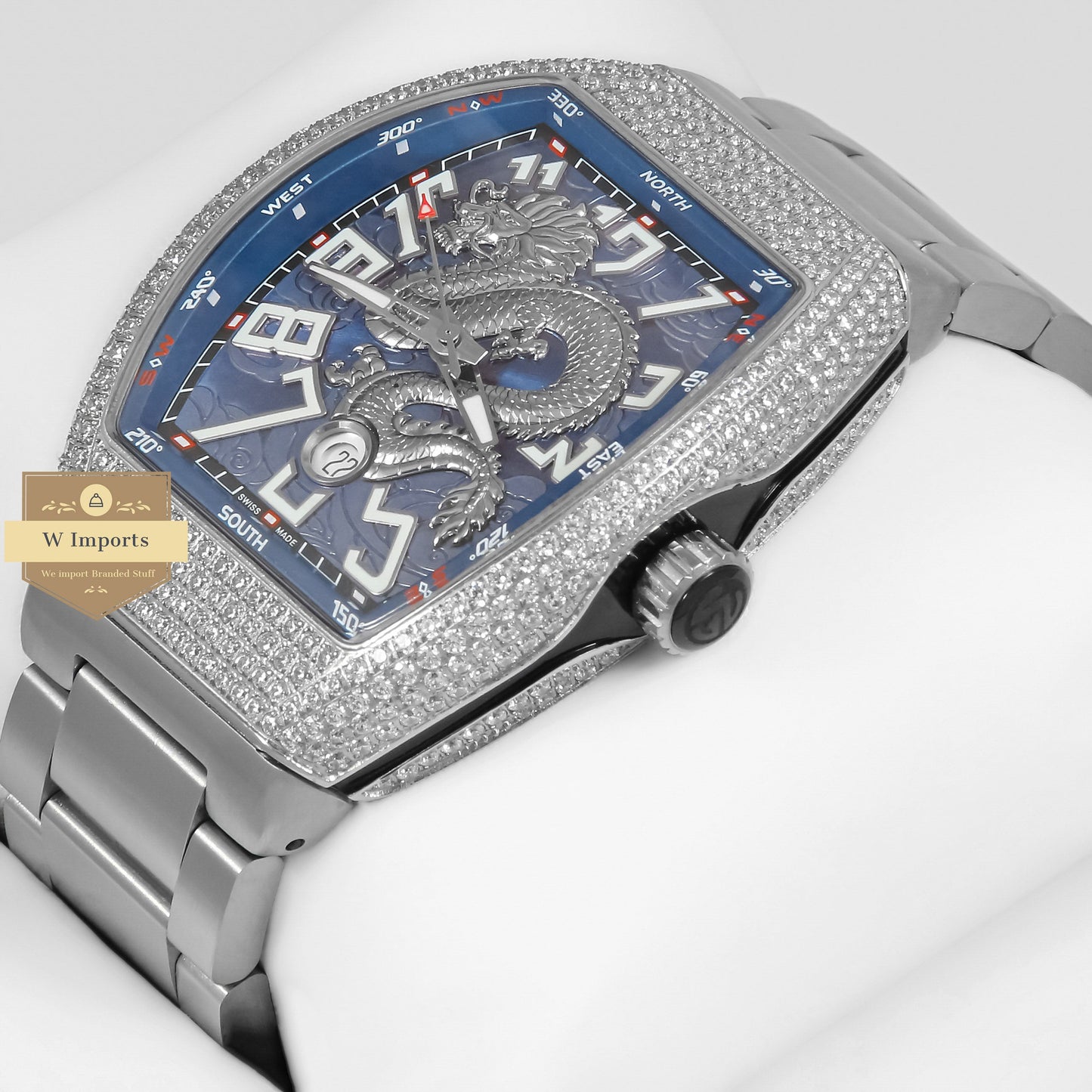 LATEST COLLECTION DRAGON SILVER WITH BLUE DIAL AND STONE CASE