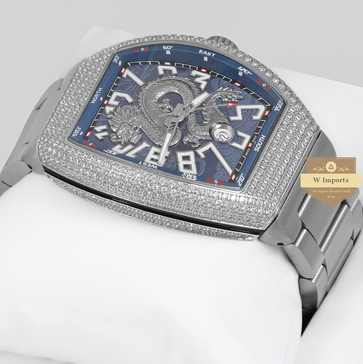 LATEST COLLECTION DRAGON SILVER WITH BLUE DIAL AND STONE CASE