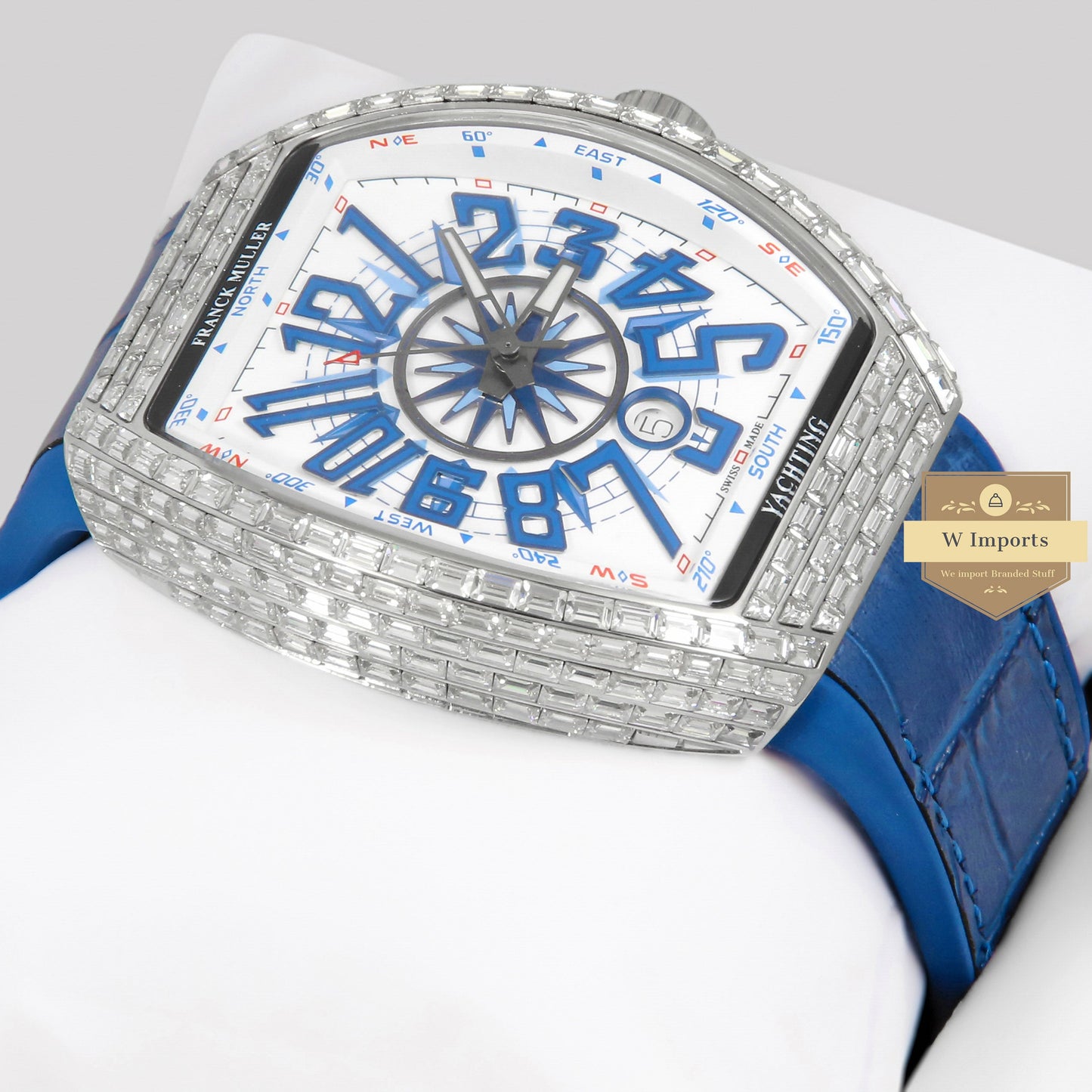 LATEST COLLECTION SILVER STONE CASE WITH WHITE DIAL AND BLUE PVC STRAP