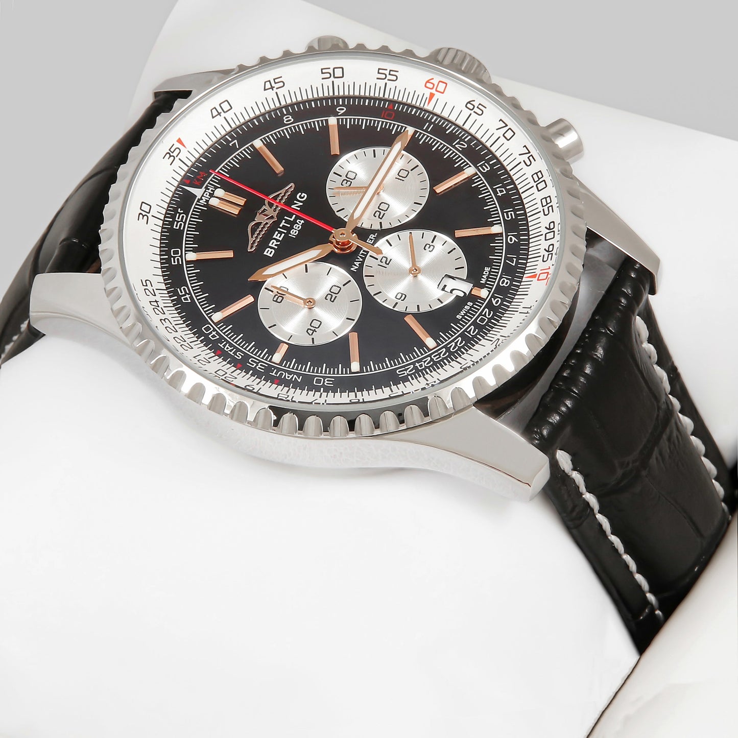 LATEST COLLLECTION CHRONOGRAPH SILVER CASE WITH BLACK DIAL AND LEATHER STRAP