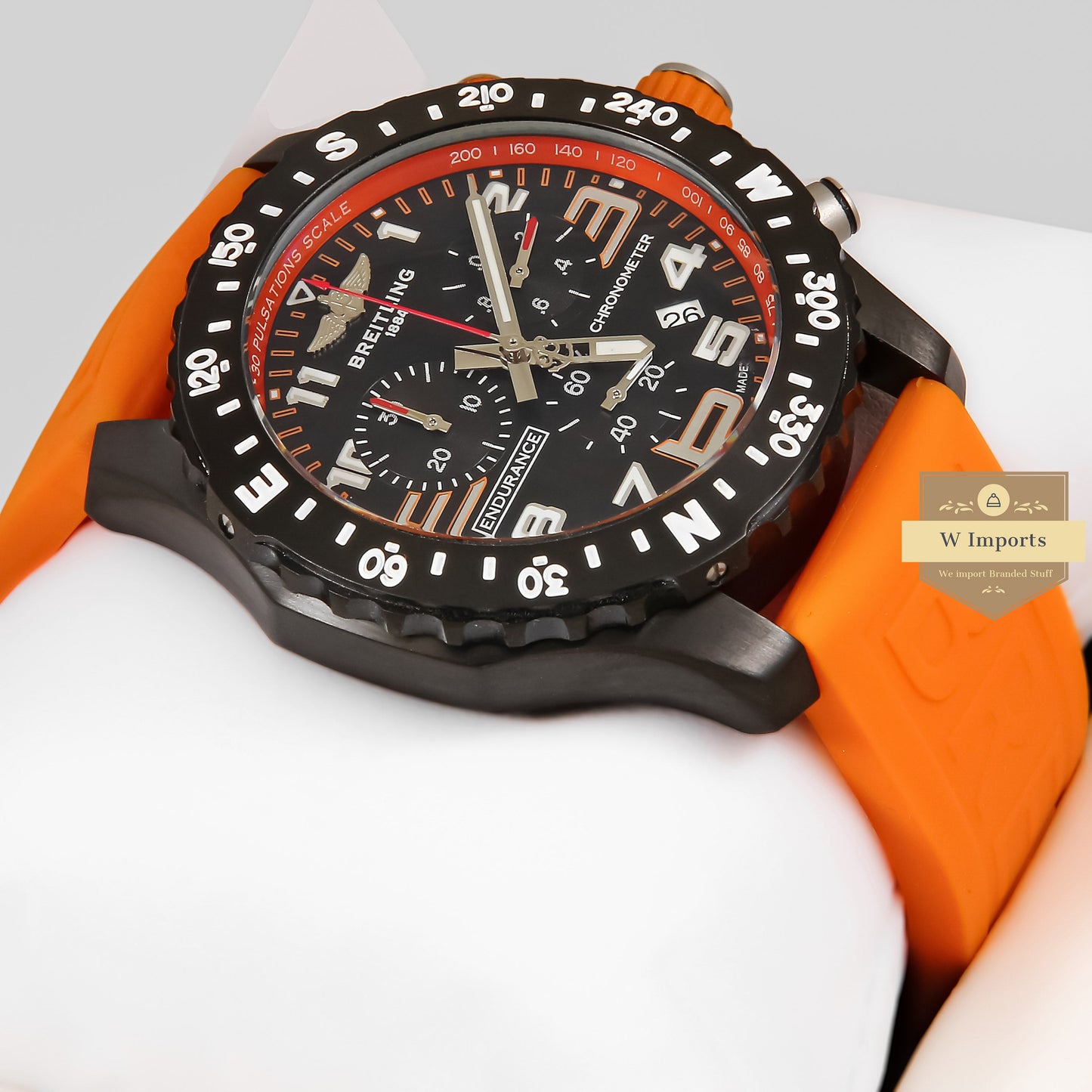 LATEST COLLECTION CHRONGRAPH BLACK CASE WITH ORANGE RUBBER STRAP