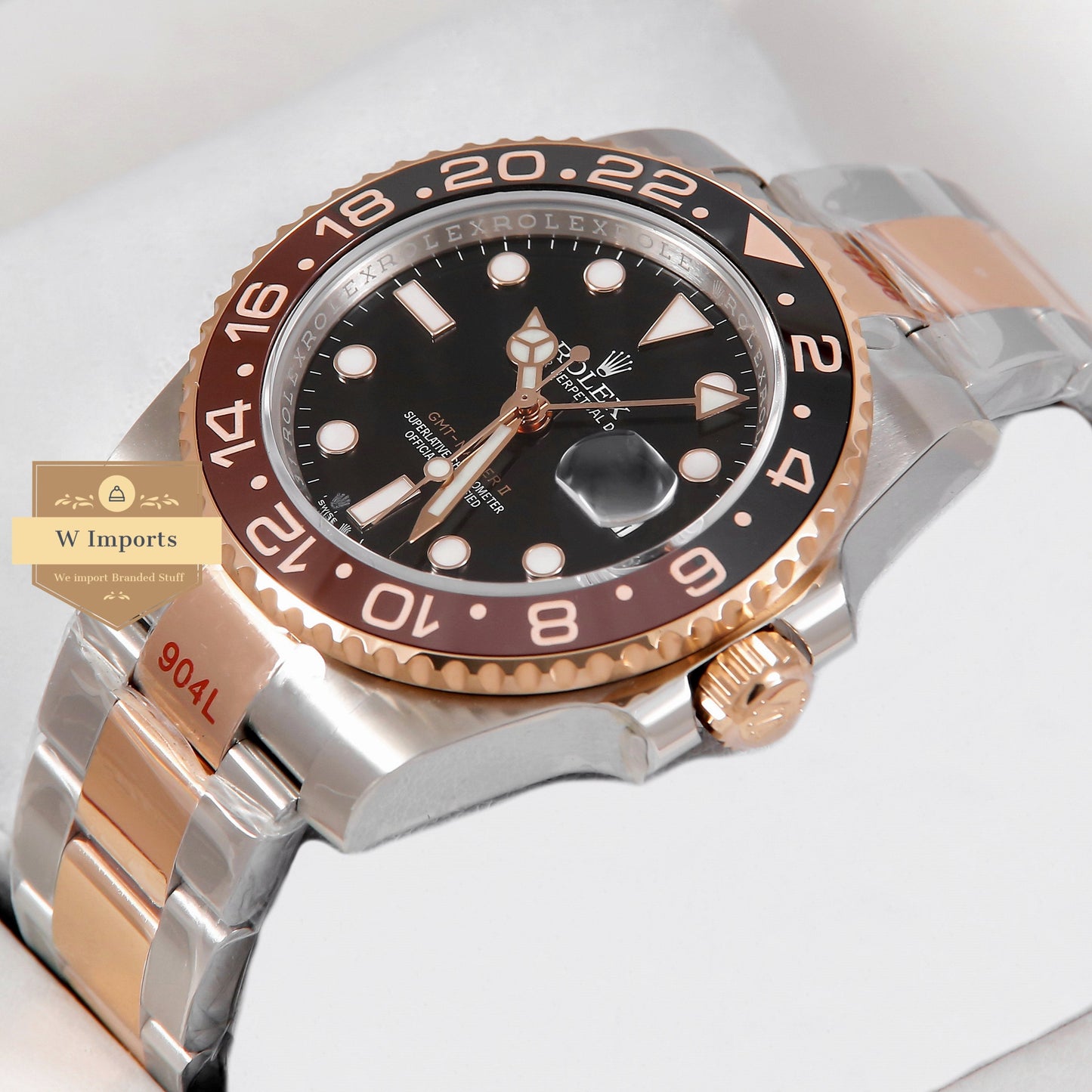 Latest Collection GMT 40 Two Tone Rose Gold With Black Dial & Root Beer Bezel Automatic Watch EW Made