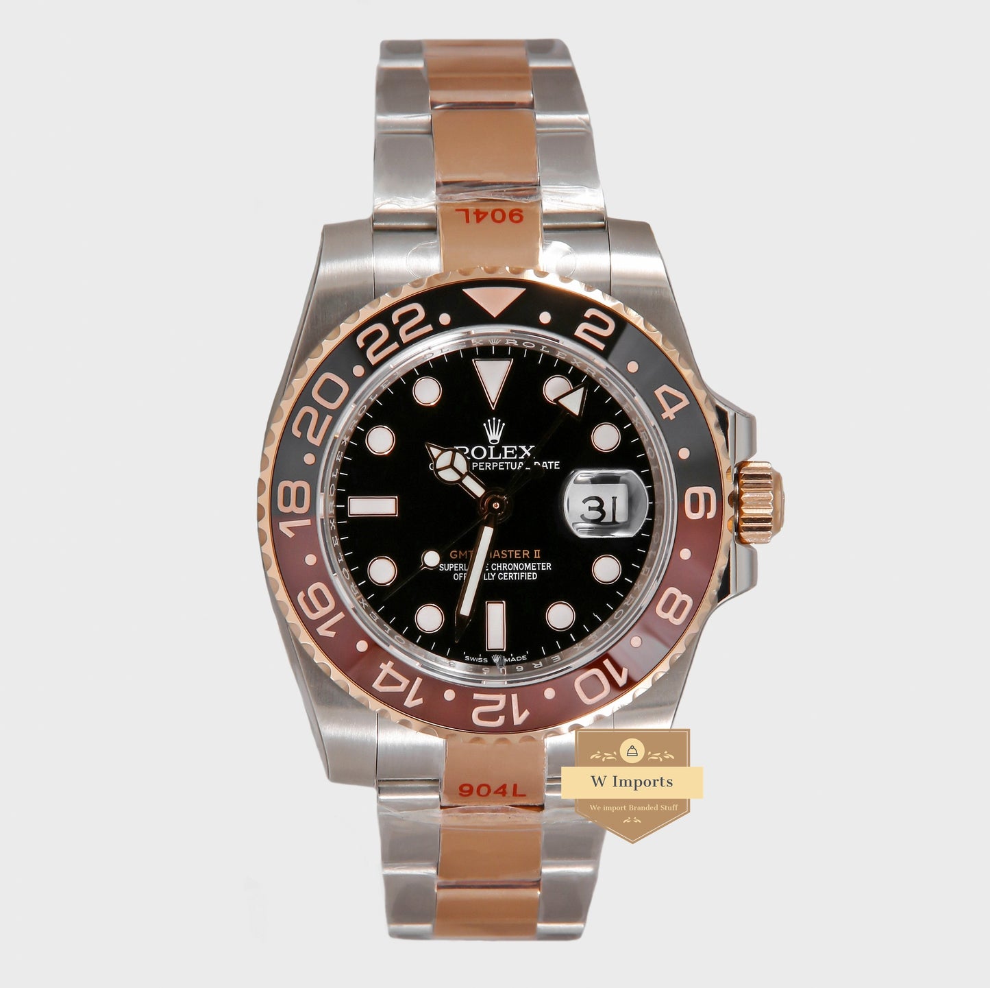 Latest Collection GMT 40 Two Tone Rose Gold With Black Dial & Root Beer Bezel Automatic Watch EW Made