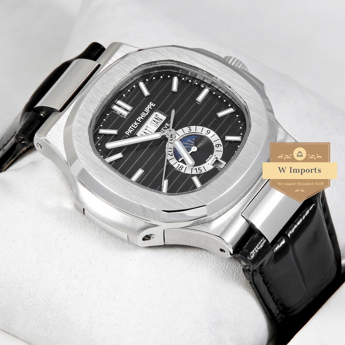 Latest Collection Annual Calendar Moon Phase Silver With Black Dial & Leather Strap