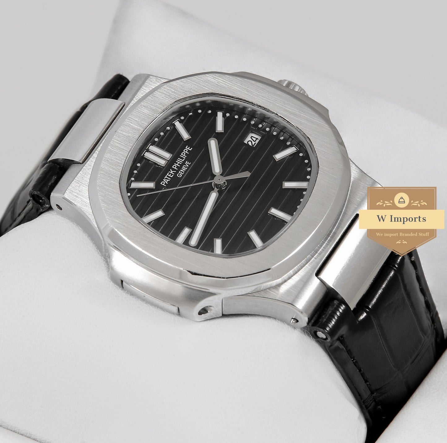 Latest Collection Silver Case With Black Dial & Leather Strap
