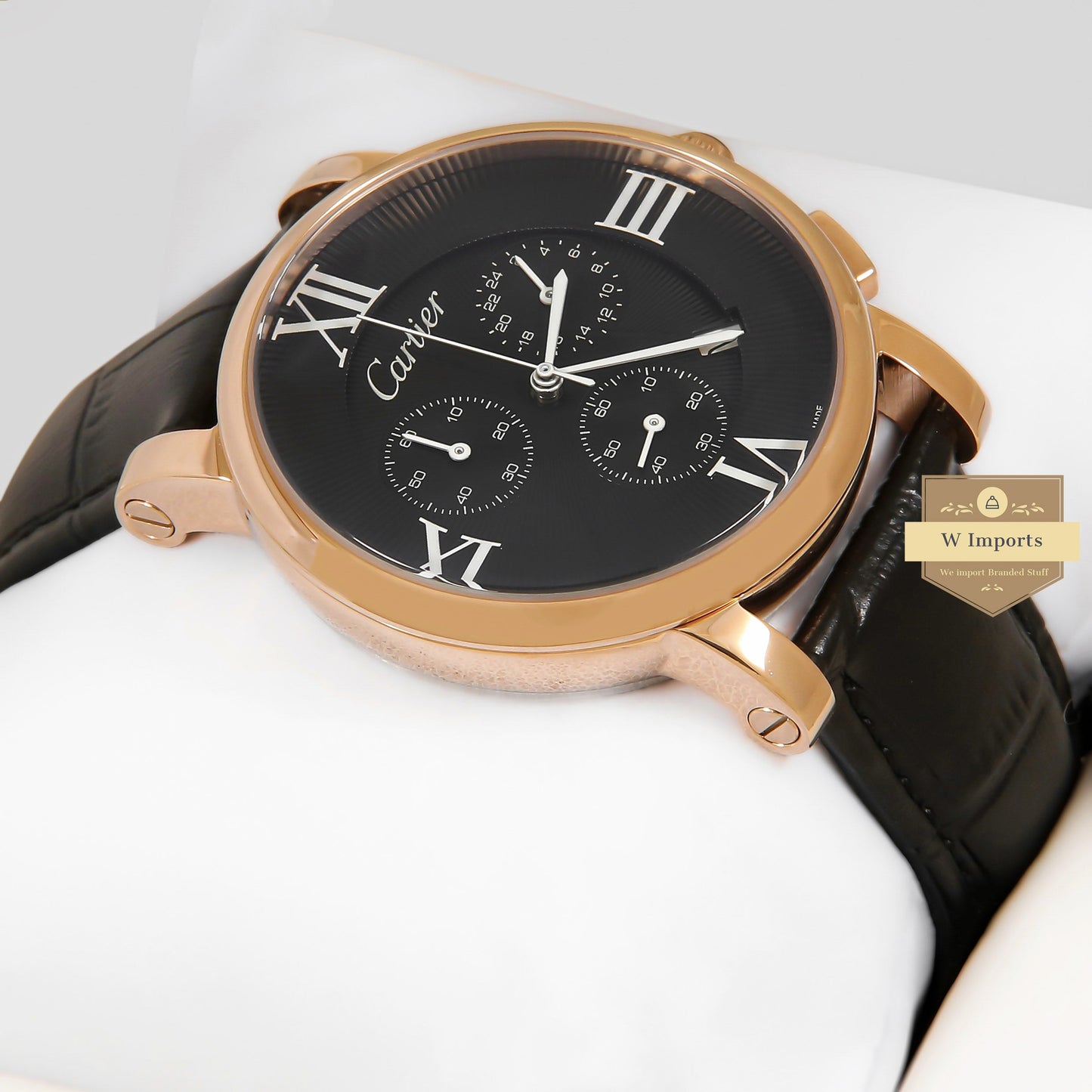Latest Collection Chronoghraph Rose Gold Case With Black Dial & Leather Strap For Men