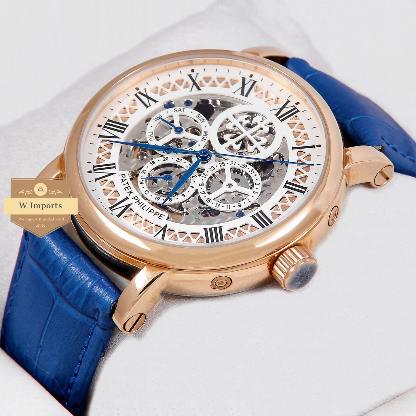 Latest Collection Chronograph Rose Gold Case With White Dial & Blue Leather Strap