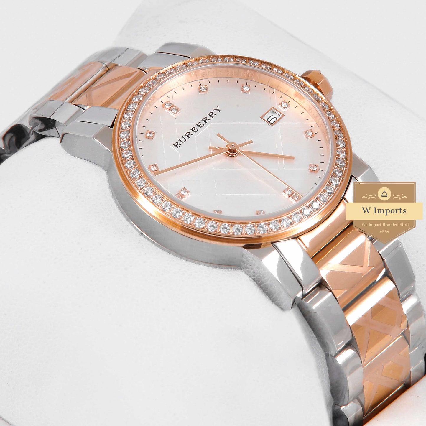 Latest Collection Two Tone Rose Gold With White Dial Stone Bezel & Figure Ladies Watch