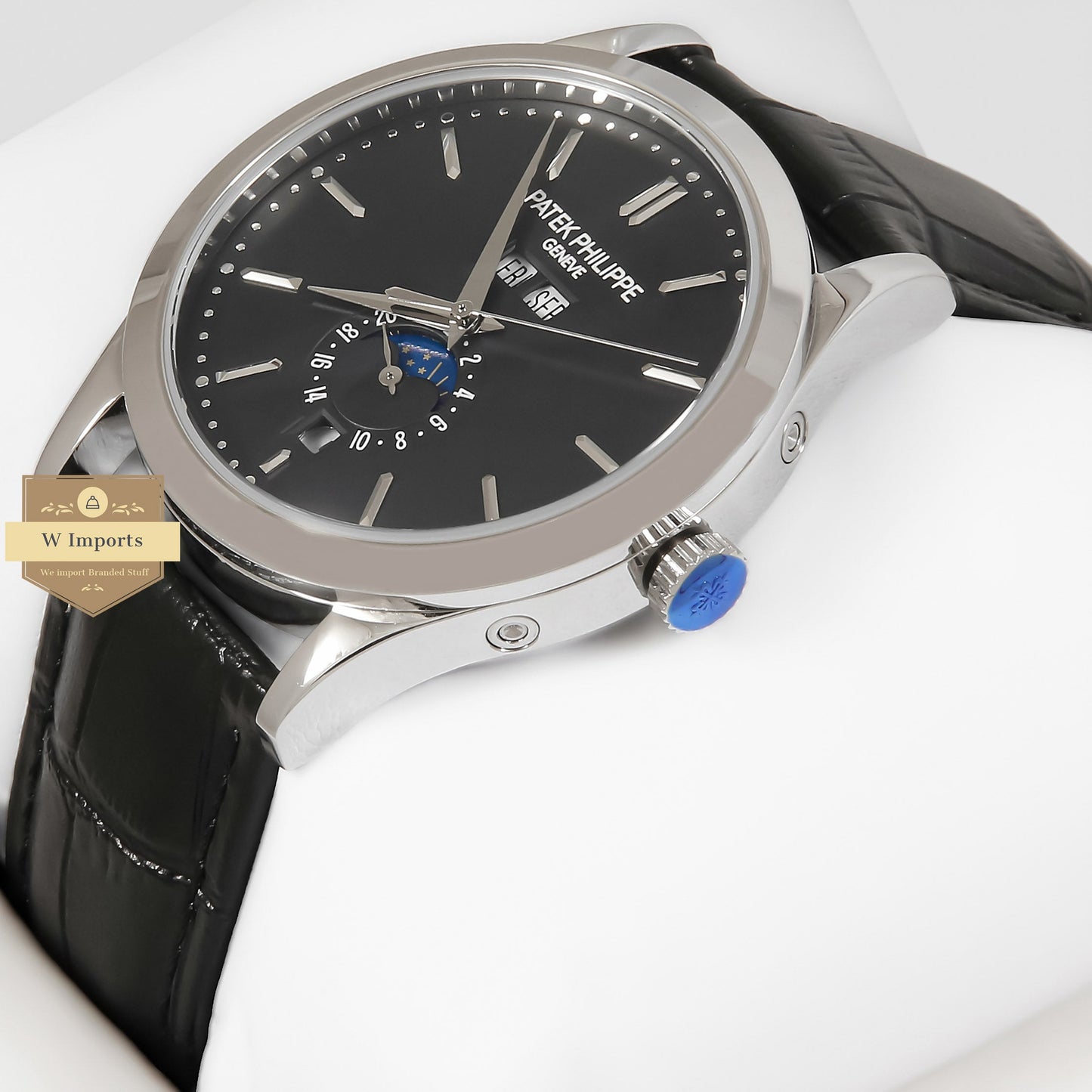 LATEST COLLECTION MOON PHASE SILVER CASE WITH BLACK DIAL & LEATHER STRAP