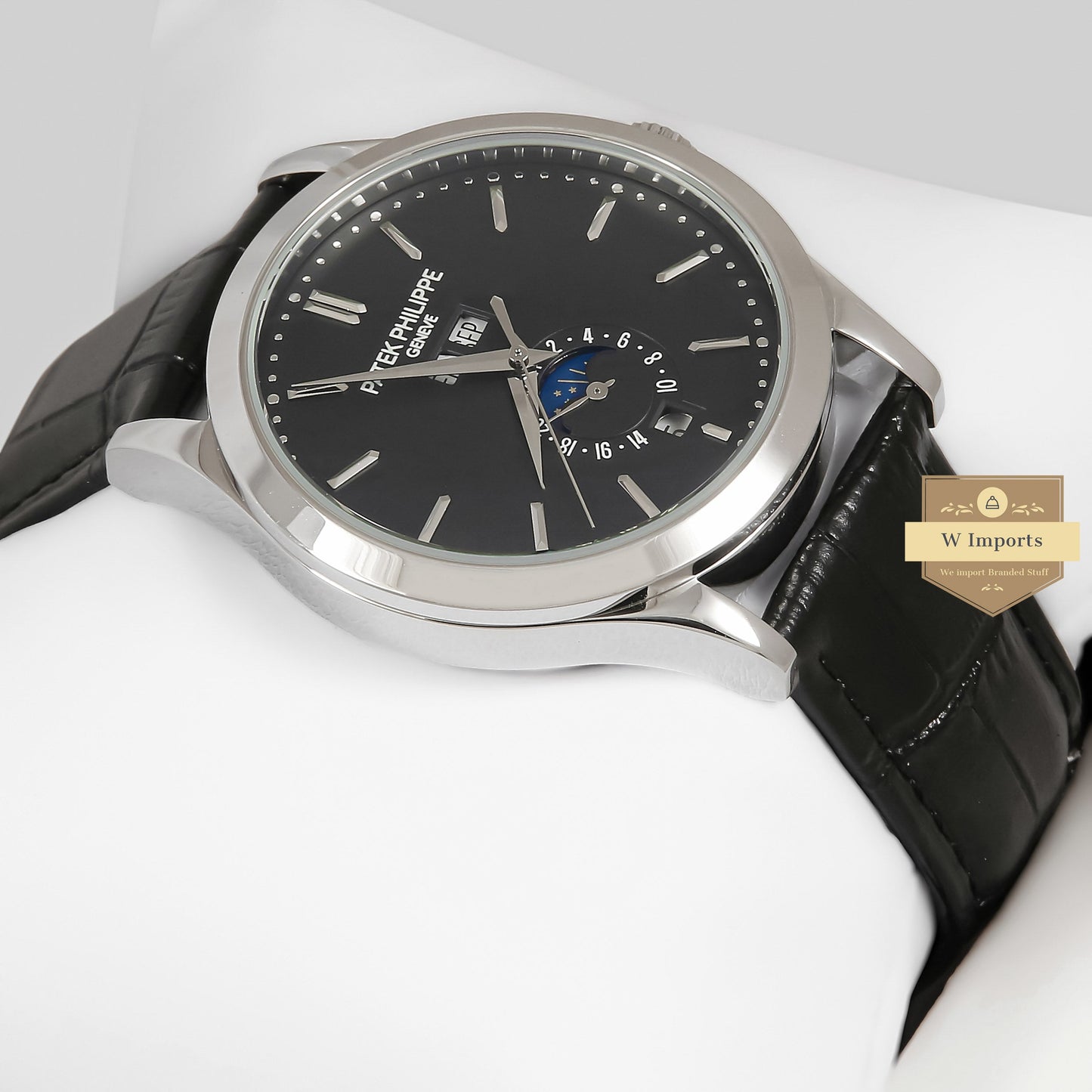 LATEST COLLECTION MOON PHASE SILVER CASE WITH BLACK DIAL & LEATHER STRAP