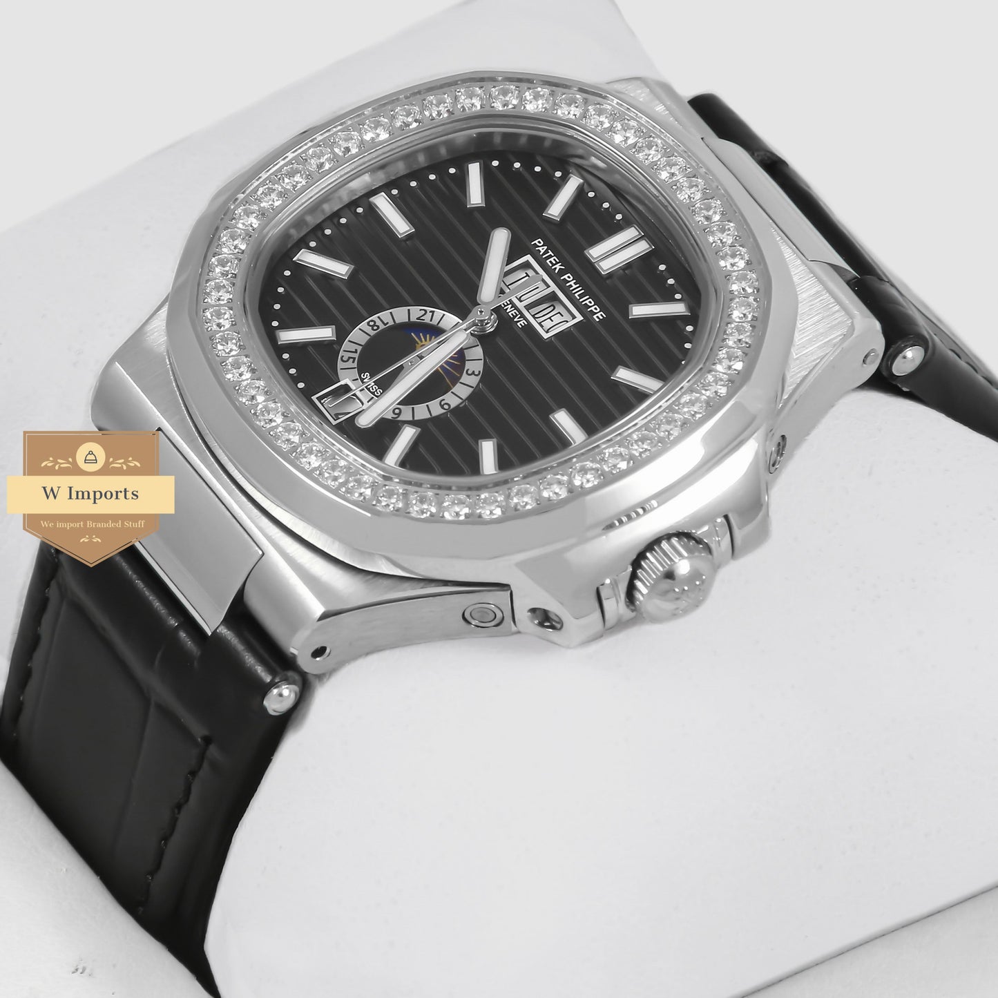 Latest Collection Annual Calendar Moon Phase Silver Stone Case With Black Dial & Leather Strap