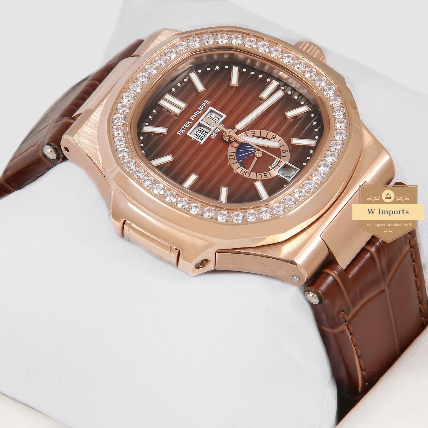 Latest Collection Annual Calendar Moon Phase Rose Gold Stone Case With Brown Dial & Leather Strap