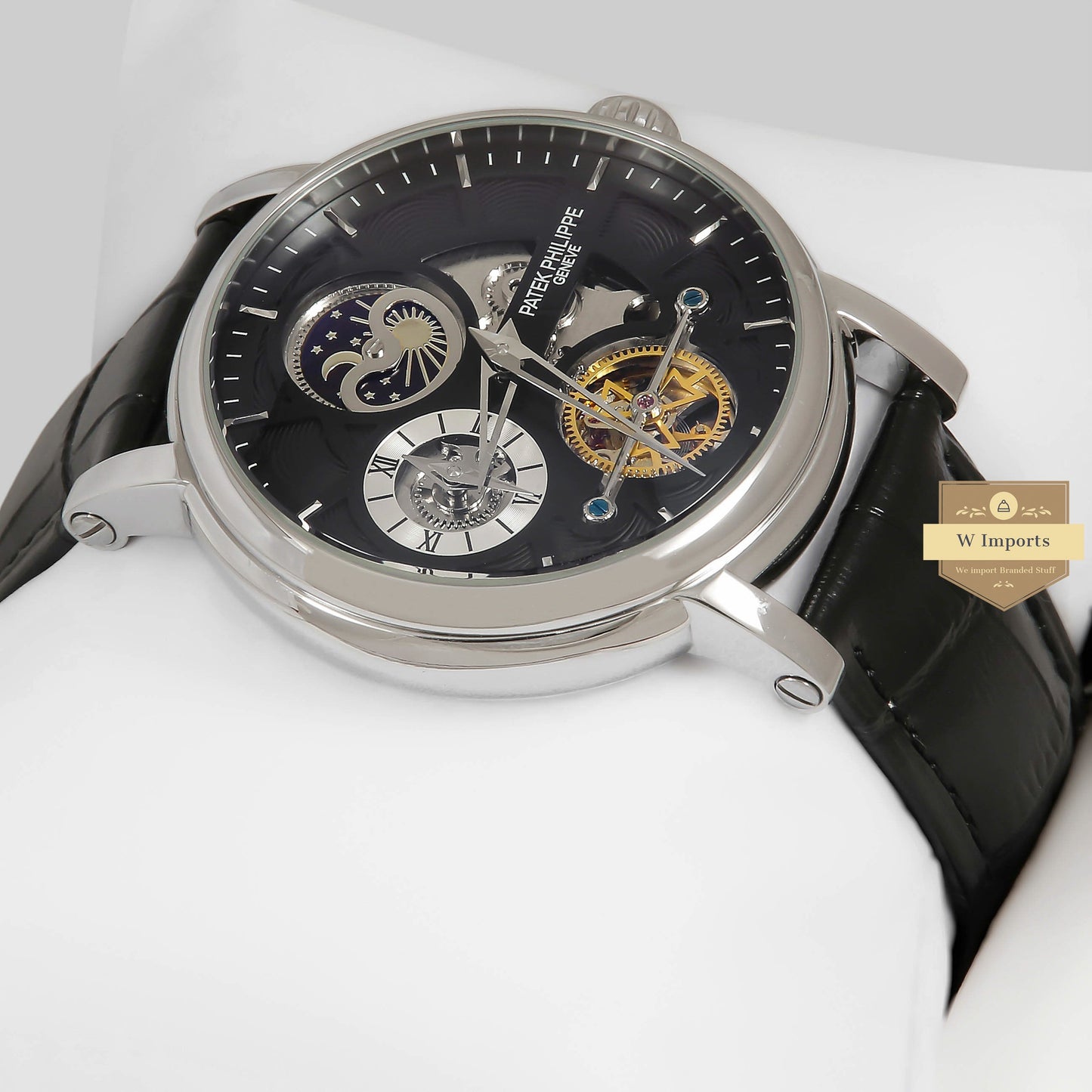 LATEST COLLECTION TOURBILLON MOON PHASE SILVER CASE WITH Black SKELETON DIAL & BLACK LEATHER STRAP