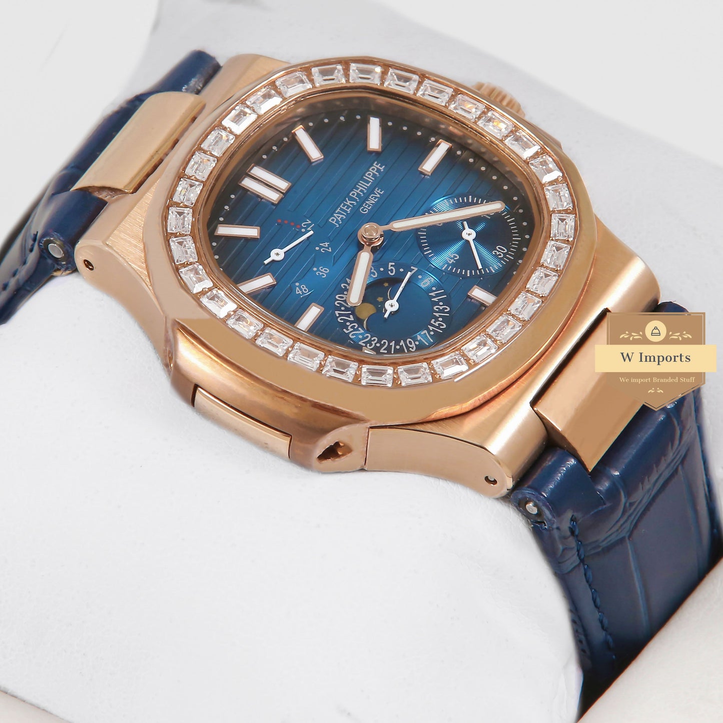 Latest Collection Rose Gold Case Stone Bezel With Blue Dial & Leather Strap