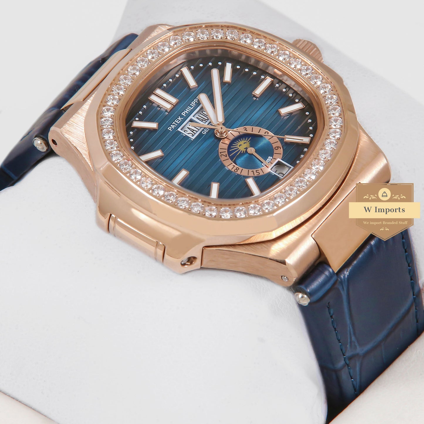 Latest Collection Annual Calendar Moon Phase Rose Gold Stone Case With Blue Dial & Leather Strap