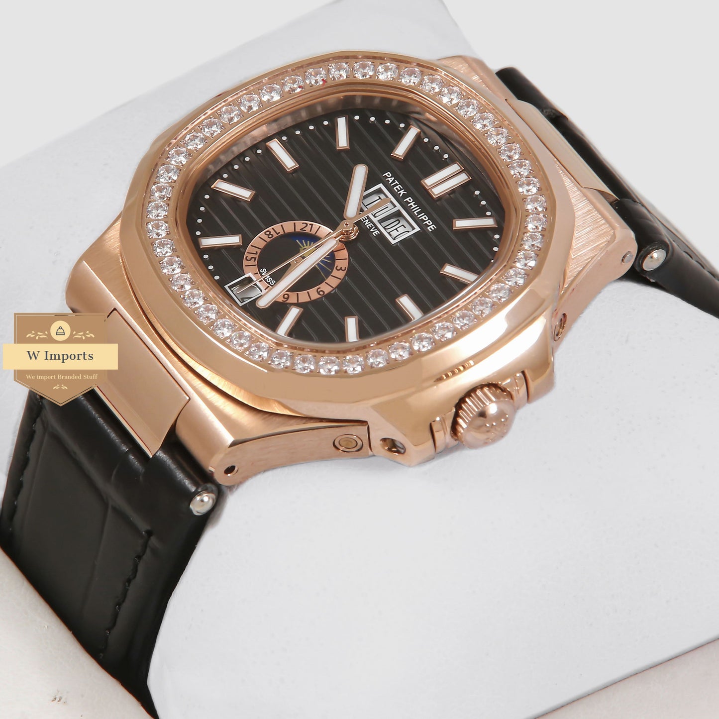 Latest Collection Annual Calendar Moon Phase Rose Gold Stone Case With Black Dial & Leather Strap