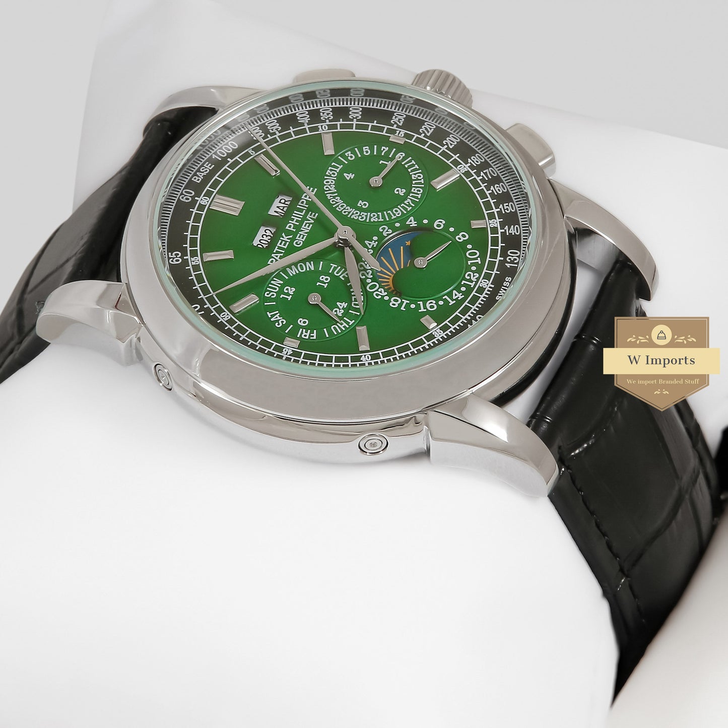 LATEST COLLECTION CHRONOGRAPH SILVER CASE WITH GREEN DIAL & BLACK LEATHER STRAP
