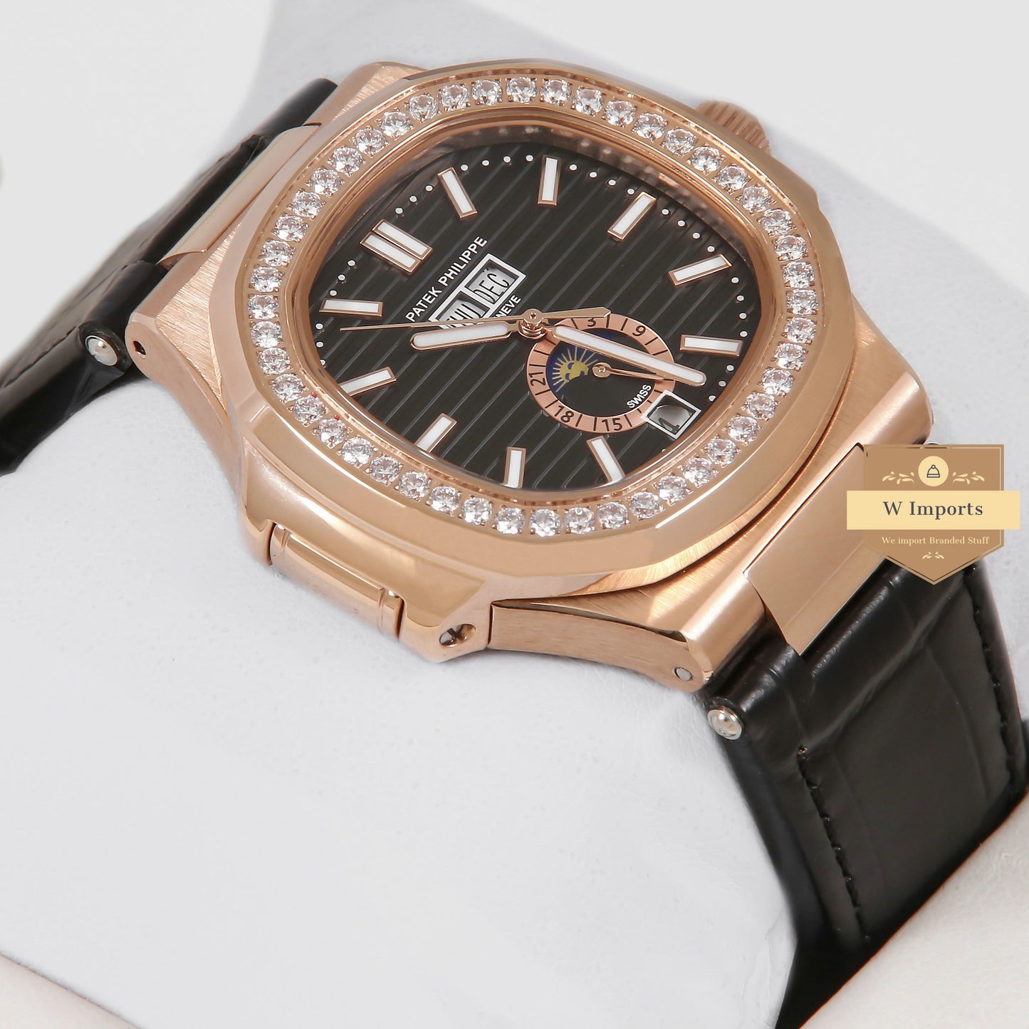 Latest Collection Annual Calendar Moon Phase Rose Gold Stone Case With Black Dial & Leather Strap