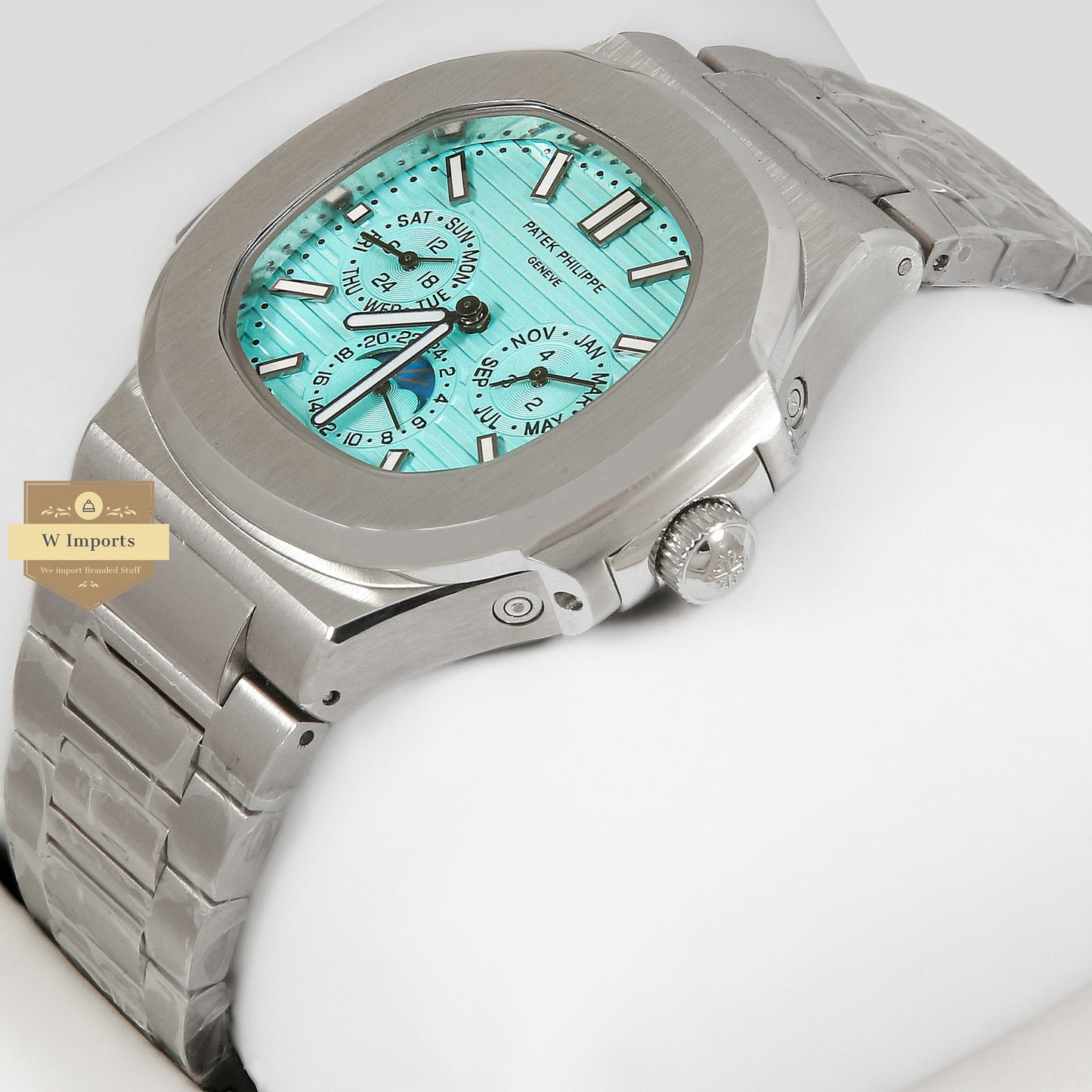 LATEST COLLECTION MOON PHASE CHRONOGRAPH SILVER CASE WITH SEA BLUE DIAL
