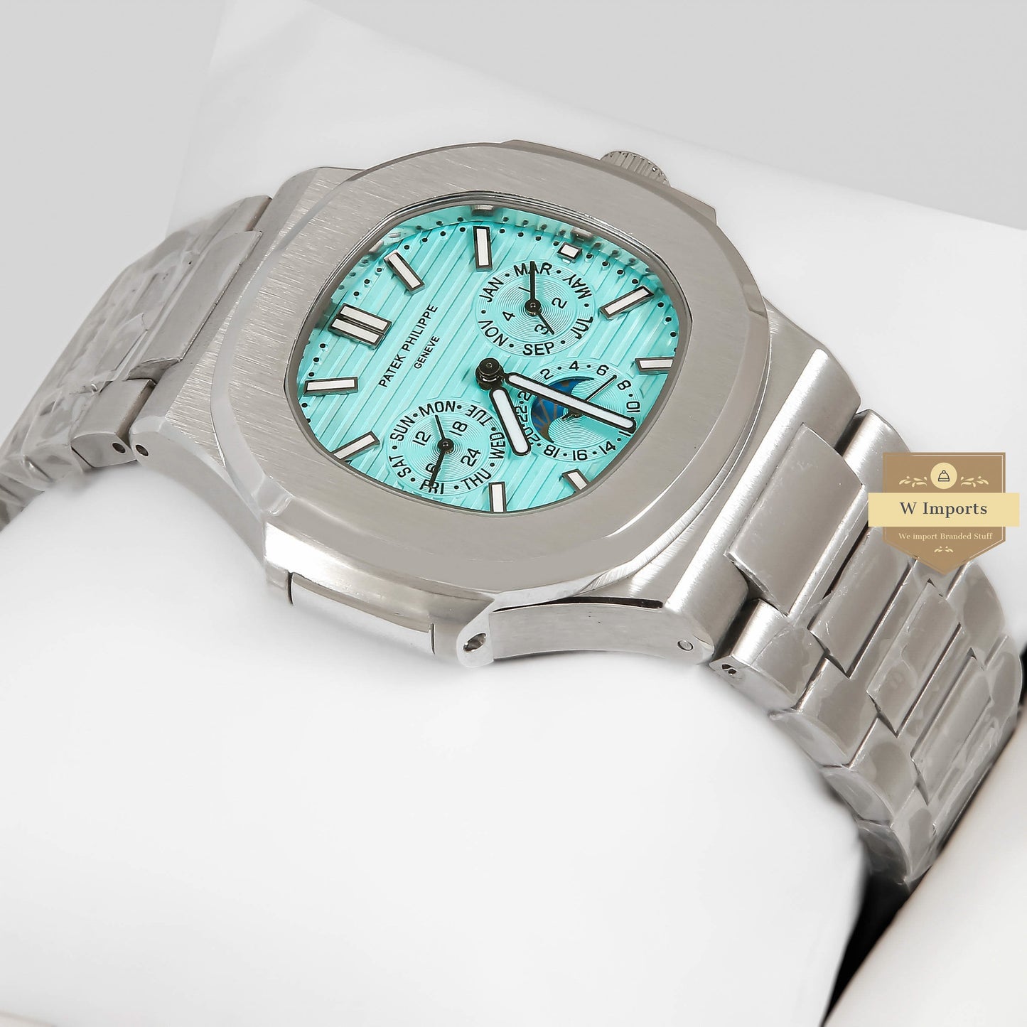 LATEST COLLECTION MOON PHASE CHRONOGRAPH SILVER CASE WITH SEA BLUE DIAL