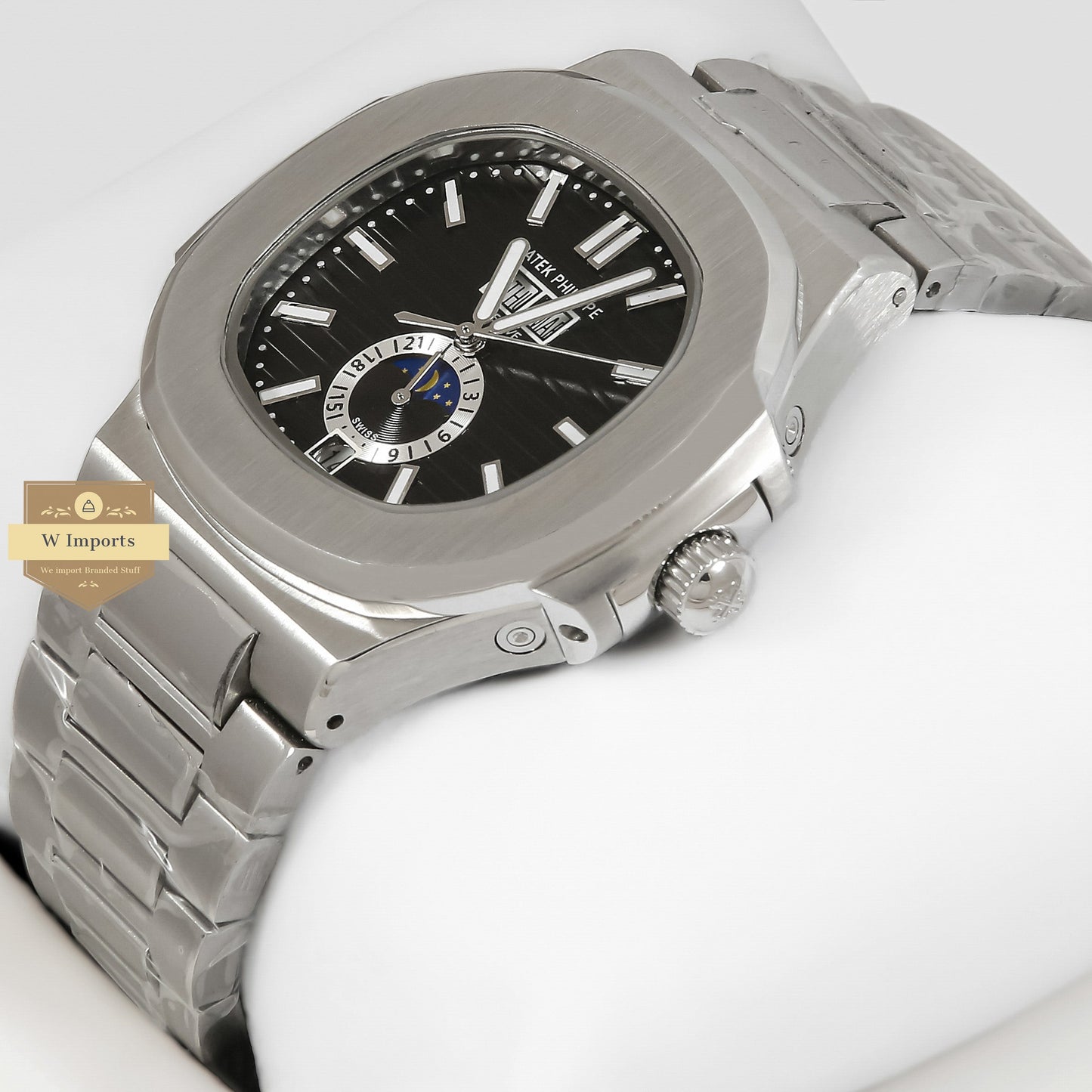 LATEST COLLECTION ANNUAL CALENDAR MOON PHASE SILVER WITH BLACK DIAL