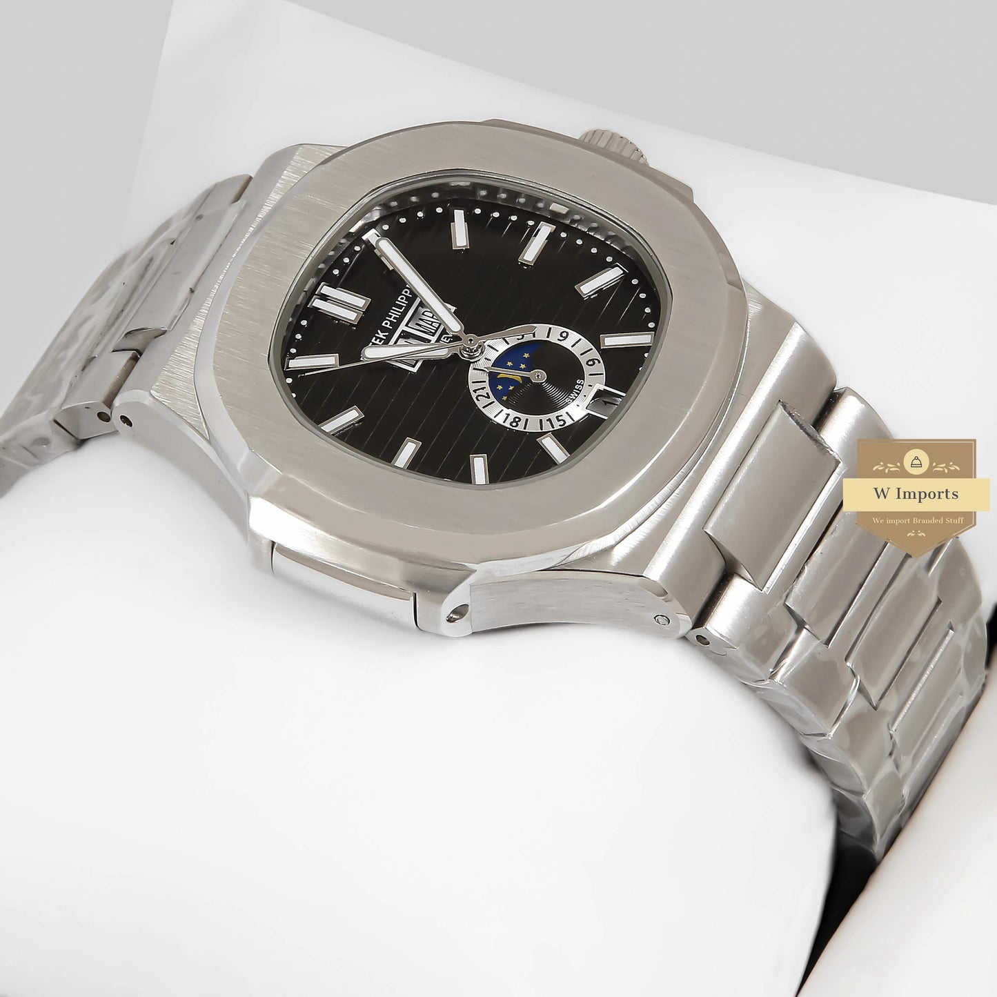LATEST COLLECTION ANNUAL CALENDAR MOON PHASE SILVER WITH BLACK DIAL
